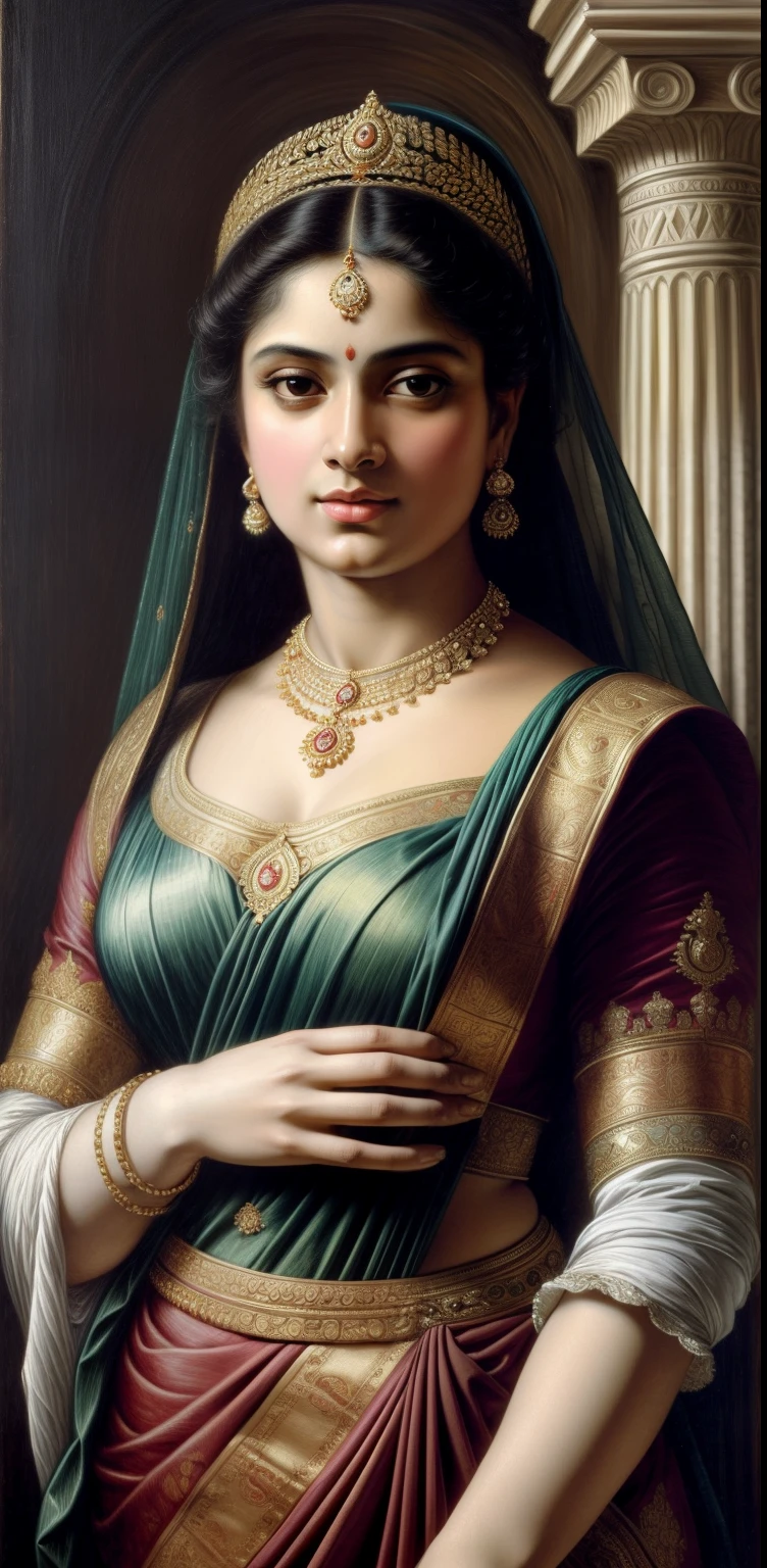 Beautiful Indian Woman, wearing saree, sari Beauty, gorgeous, Apsara, Maharani, royal queen woman, nymph from Hindu Mythology, Urvashi, matchless beauty, Highly detailed, Oil Painting by Peter Paul Rubens inspired by Raja Ravi Varma, Matchless beauty, captivating, gorgeous, heavenly beauty, celestial beauty, by Peter Paul Rubens, 1893, realistic, hyper realistic, micro details, incredible artwork, insane details, ultra High resolution, 8k, 32k, acrylic on canvas, intricate, flawless, detailed, detailed face, detailed eyes, masterpiece, by Peter Paul Rubens, by Caravaggio, by William Adolphe bouguereau, perfect face, perfect body, beautiful art, realism, baroque, renaissance Art, highly textured, beautiful and detailed eyes, uhd, best quality,