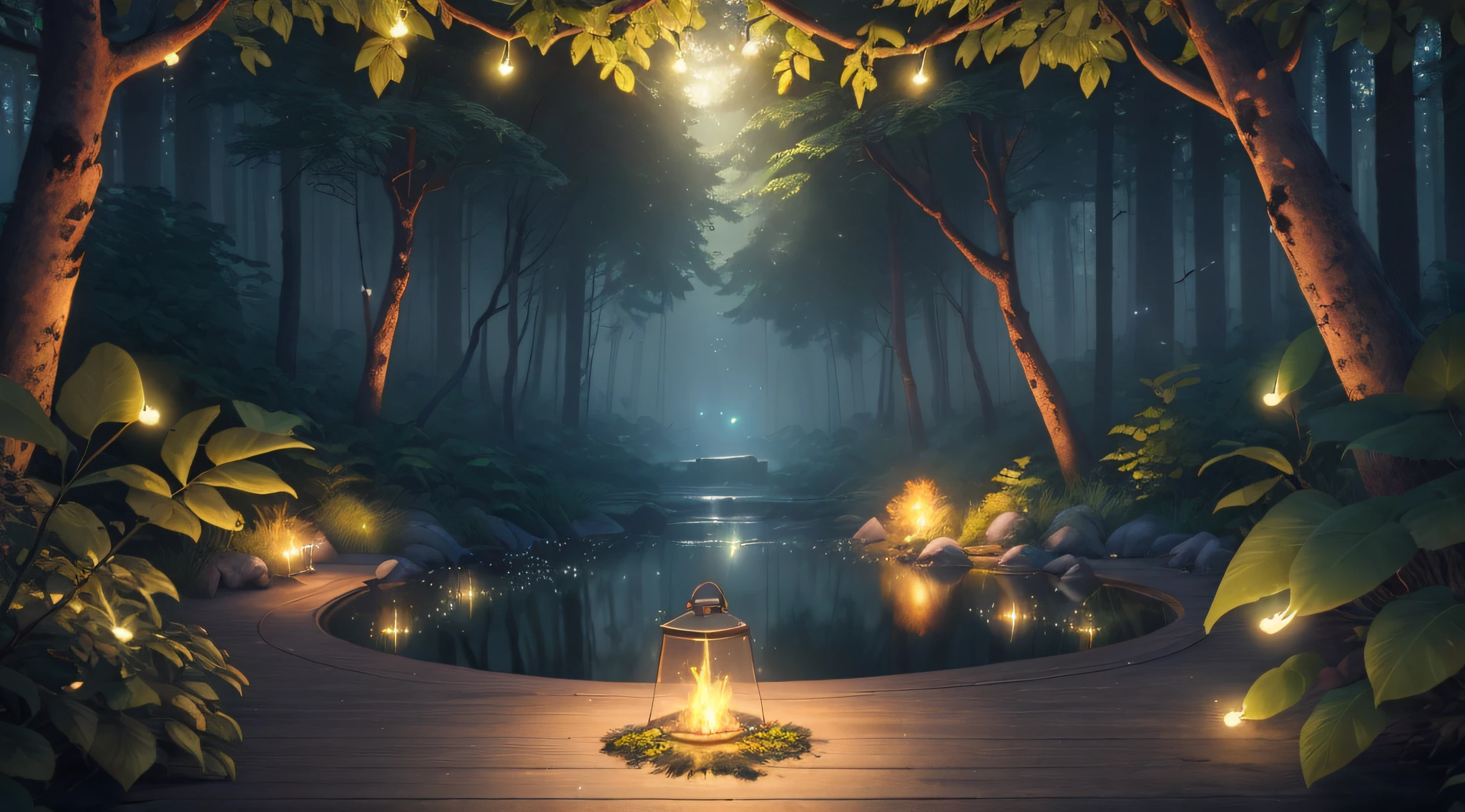 Masterpiece, best quality, (very detailed CG unity 8k wallpaper), (best quality), (best illustration), (best shadows), glow sprite, with a glowing deer, in the swimming pool Drinking water, natural elements in the forest theme. Mysterious forest, beautiful forest, nature, surrounded by flowers, delicate leaves and branches surrounded by fireflies (natural elements), (jungle theme), (leaves), (twigs), (fireflies), (particle effects) etc. 3D , Octane rendering, ray tracing, super detailed