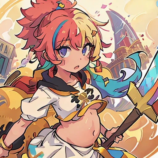 Girl, gold_hair, carnival_outift, body_slim, Rainbow_eyes, axe, afro_hair, Pregnant
