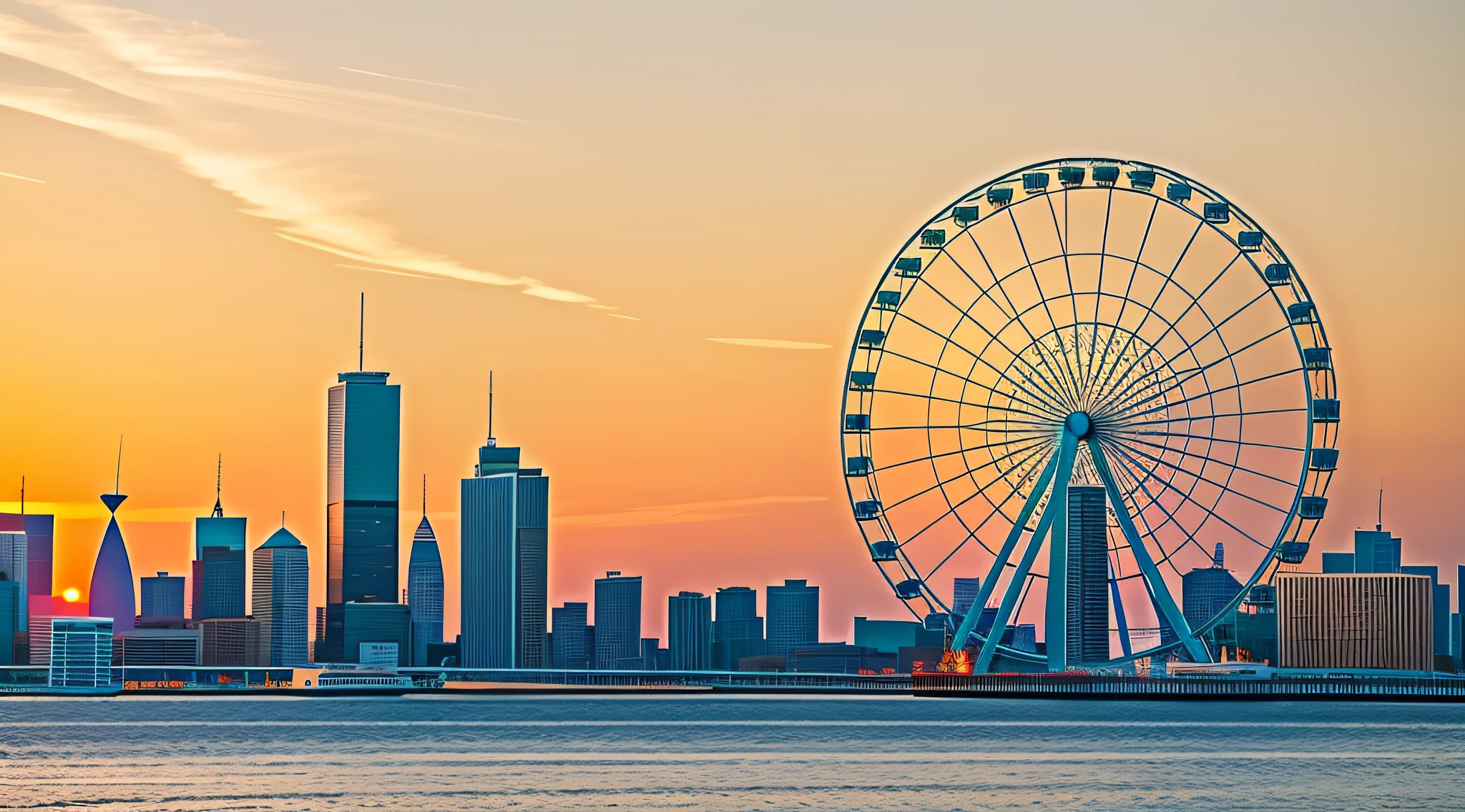 Aratus in the water,The background is the Ferris wheel,Golden hour has a great impact on the look and feel of the shoot,A wide-angle lens can better present the entire picture,author:Jacob Tulumfleett,The skyline outlines a beautiful background,Author Jacob Gallman,Jacob Ethellens,Ultra-wide-angle lens provides better depth of field display,The light at sunrise brings a special atmosphere,Pex Contest Winners,Shot with Sony A7 III camera。