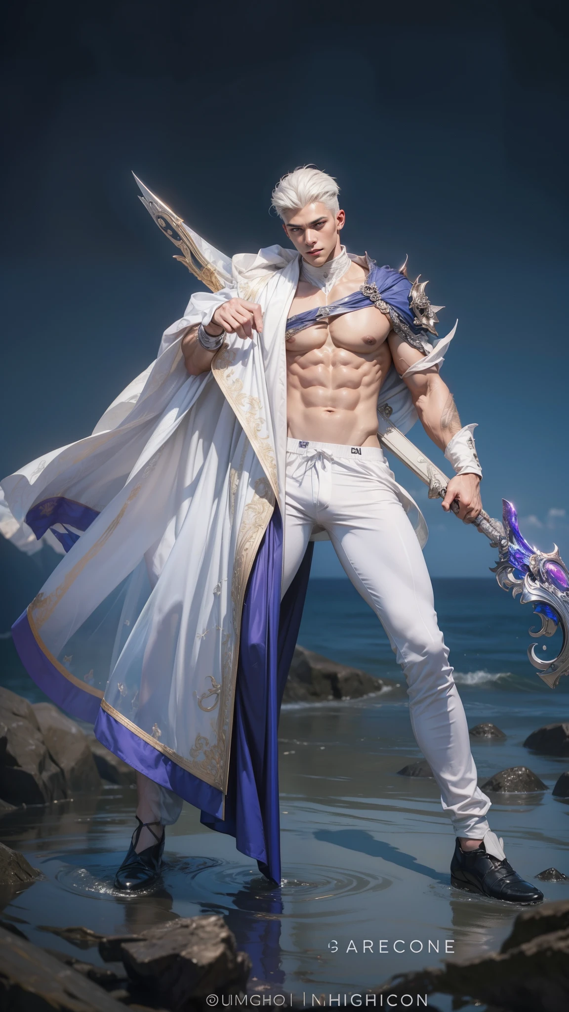 1 male, (male model) hot skin, masterpiece, top quality, most handsome man in the world, by Tham Quan, perfect body, beautiful male model, attractive male lead 20- 25 perfect age, white hair, summer, sea water, blue sky, white clouds, solid and handsome young man in transparent white shirt, transparent white fabric, off-shoulder jacket, exposed chest muscles, thigh gap, ((transparent black briefs exposed)), (male focus), (smooth body)), smile, super cute, dynamic pose, cool and seductive, dramatic lighting , full body shot, full body shot, young face, full body, hairless body, tall and thin, fit body, famous, white or fair skin, young face, toned body, Hd, Natural skin tones, soft lighting, High detail, Audience view, photography, Detailed skin, real people, realism, Realistic optics, Crazy details, Face details, Maximum magnification , Exaggerated Surrealism , film , tele , light intricate detail , High Detail , High Detail , Digital painting , artstation , concept art , smooth focus , sharp , illustration , Unreal Engine 5, 8K, art by Ross Tran and Greg Rutkowski and Alphonse Mucha, UHD, 8k, Men's screen only .8k Ultra HD, DSLR, low light, high quality, film grain, Fujifilm XT3, men's fan , 2-person model, two people