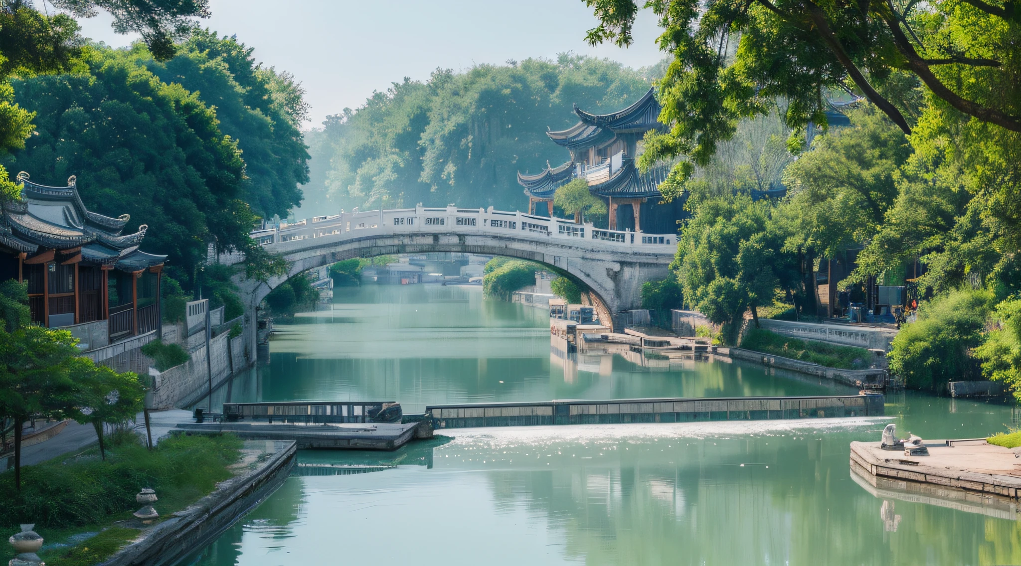 Gray-white Jiangnan water town,Light blue river,Green meadow,RococoStyle, romanticism lain, lightand shade contrast, 电影灯光, shackle, Close-up cleavage, Atmospheric perspective, diffraction spikes, hyper HD, high high quality