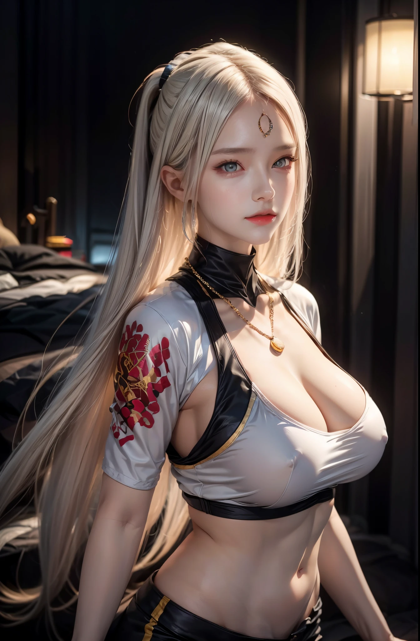 realistic, 1 women, best quality, 12k, HD, long hair, big round breasts, cleavage, ponytail, necklace, jewelry, shorts, short jacket, slim hips, hair tie, yellow eyes, black hair, super detailed, Eye details, hair details, person details, mouth details, face details, breast details, clothes details, hair details, pants details, hand details, whole body