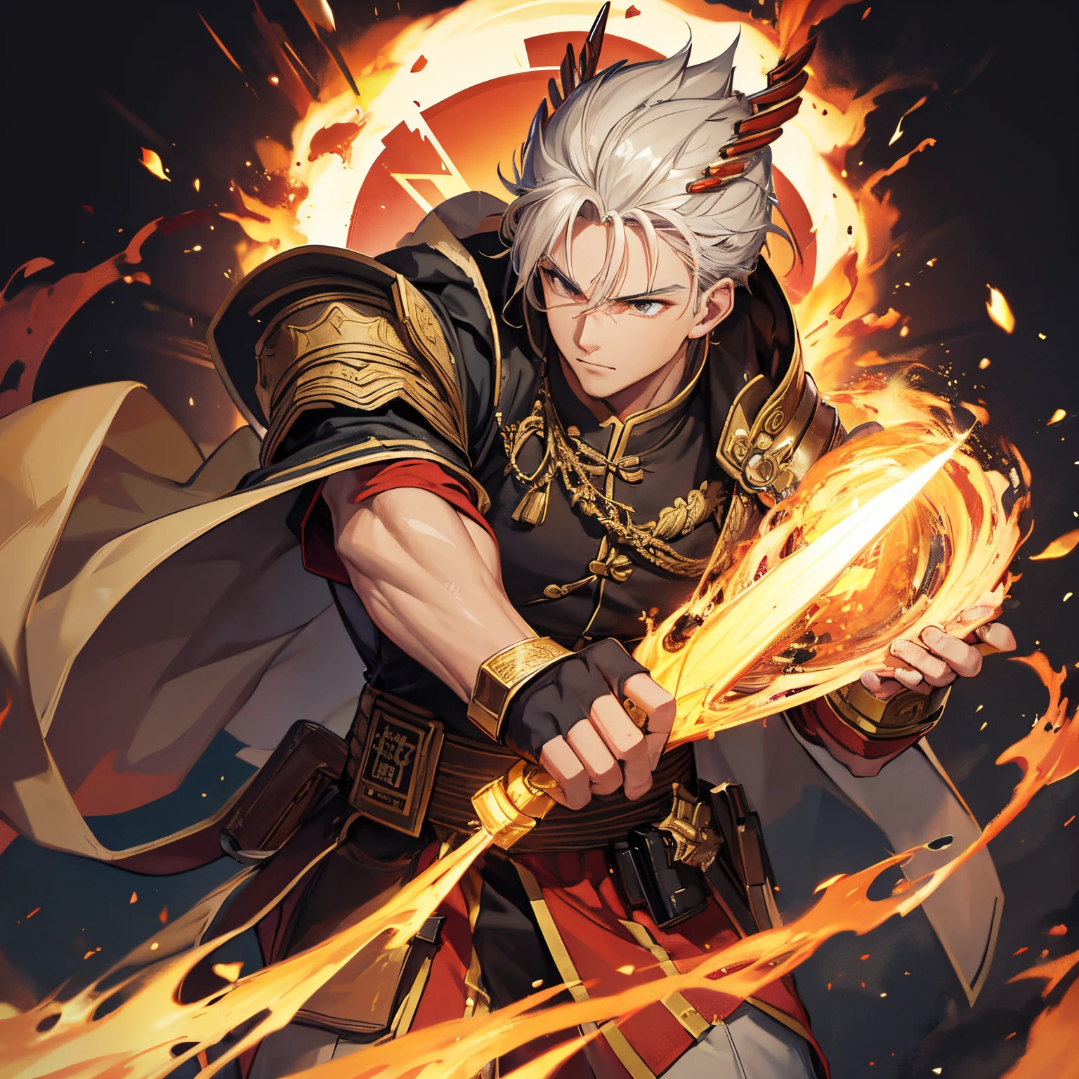 Handsome Boys　Military general　musculature　chinese armor　Background with　In the fire　Holding a spear