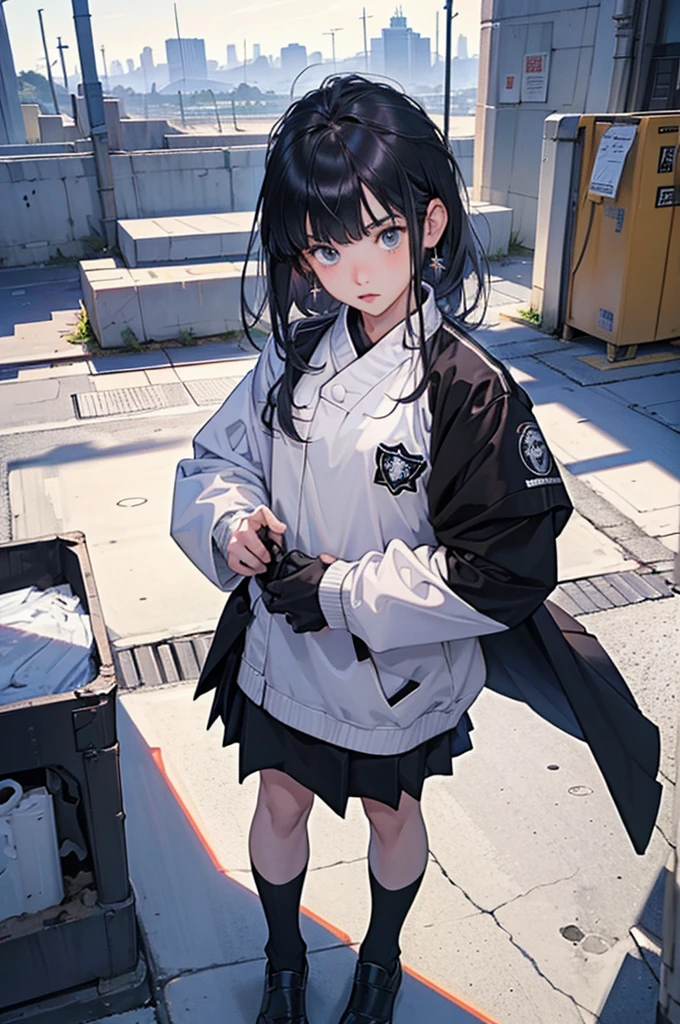 anime moe art style,Best Anime 8K Konachan Wallpapers,Badass Anime 8K,Perfect Anatomy, (Please draw a picture of a girl looking down on the city from the rooftop...........)From diagonally above,overhead angle,BREAK, 1 That girl is a female swordsman, (Solo,Lori,child,18year old:1.3), Androgynous attraction, (very long gray hair, Blunt bangs), Full limbs, complete fingers,, Small butt, groin, Beautiful dark eyes created by detailed 8K, jaket,Obi,flowing skirt, standing on the roof of a skyscrapper. BREAK, i have a mission.。Sasasasa...。Ultra-detailed,High resolution,super detailed skin, Professional Lighting, Illustration,Landscape of the near future