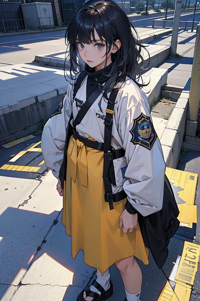 anime moe art style,Best Anime 8K Konachan Wallpapers,Badass Anime 8K,Perfect Anatomy, (Please draw a picture of a girl looking down on the city from the rooftop...........)From diagonally above,overhead angle,BREAK, 1 That girl is a female swordsman, (Solo,Lori,child,18year old:1.3), Androgynous attraction, (very long gray hair, Blunt bangs), Full limbs, complete fingers,, Small butt, groin, Beautiful dark eyes created by detailed 8K, jaket,Obi,flowing skirt, standing on the roof of a skyscrapper. BREAK, i have a mission.。Sasasasa...。Ultra-detailed,High resolution,super detailed skin, Professional Lighting, Illustration,Landscape of the near future