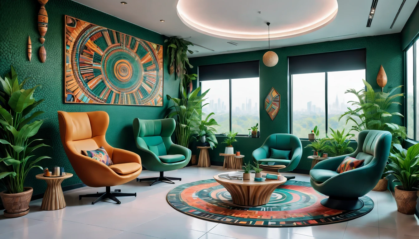 tribal style,Utopian,afofuturism,Postmodern,Lounge style office photos,Inside the room,cozy environment,Modern furniture,sofe,Stylish design,Maximalism,natural lightting,vivd colour,tribal pattern,Abstract artwork,floor to ceiling window,in a panoramic view,Ergonomic chair,clean linework,Comfortable seating,Plants and greenery,textured walls、Mosaic floor、contemporary art installation、tribal sculpture、organic shapes、Creative atmosphere、State-of-the-art technology、relaxing atmosphere、Inspirational quotes on the wall、A space full of art,tranquil ambiance。(Best quality at best,4K,8K,A high resolution,tmasterpiece:1.2),ultra - detailed,(actual,realisticlying,Photorealistic:1.37)。