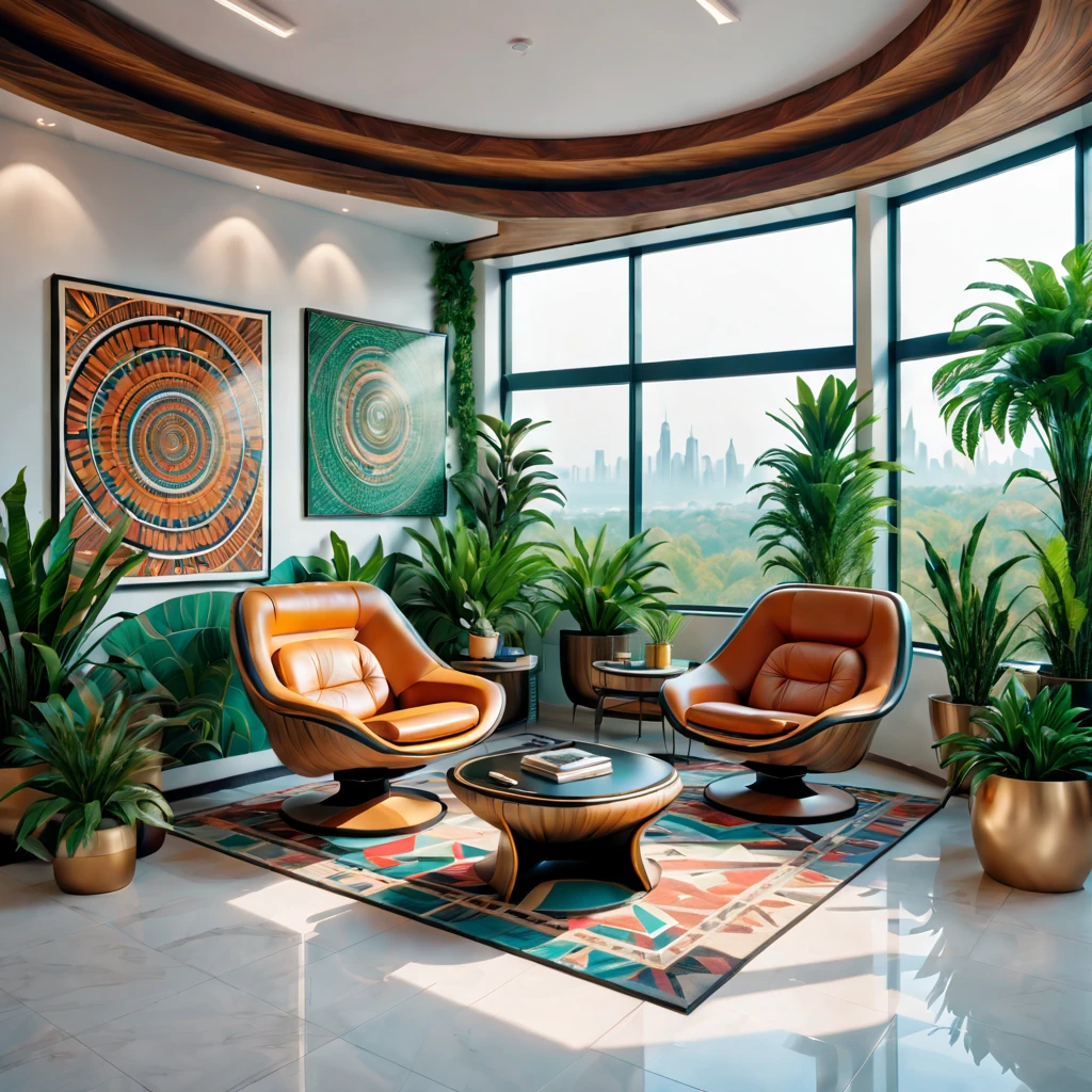 tribal style,Utopian,afofuturism,Postmodern,Lounge style office photos,Inside the room,cozy environment,Modern furniture,sofe,Stylish design,Maximalism,natural lightting,vivd colour,tribal pattern,Abstract artwork,floor to ceiling window,in a panoramic view,Ergonomic chair,clean linework,Comfortable seating,Plants and greenery,textured walls、Mosaic floor、contemporary art installation、tribal sculpture、organic shapes、Creative atmosphere、State-of-the-art technology、relaxing atmosphere、Inspirational quotes on the wall、A space full of art,tranquil ambiance。(Best quality at best,4K,8K,A high resolution,tmasterpiece:1.2),ultra - detailed,(actual,realisticlying,Photorealistic:1.37)。