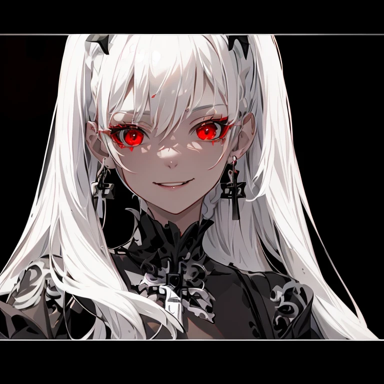 Fantastic background、crosses、best quality, ultra detailed, 1girl, solo, standing, white hair, twin braids, red eyes,((black background)),maid headdress,maid apron, bangs, cross necklace,medium breastsr,white gloves,  stare, smile, (evil:1.2), looking at viewer, (interview:1.3),