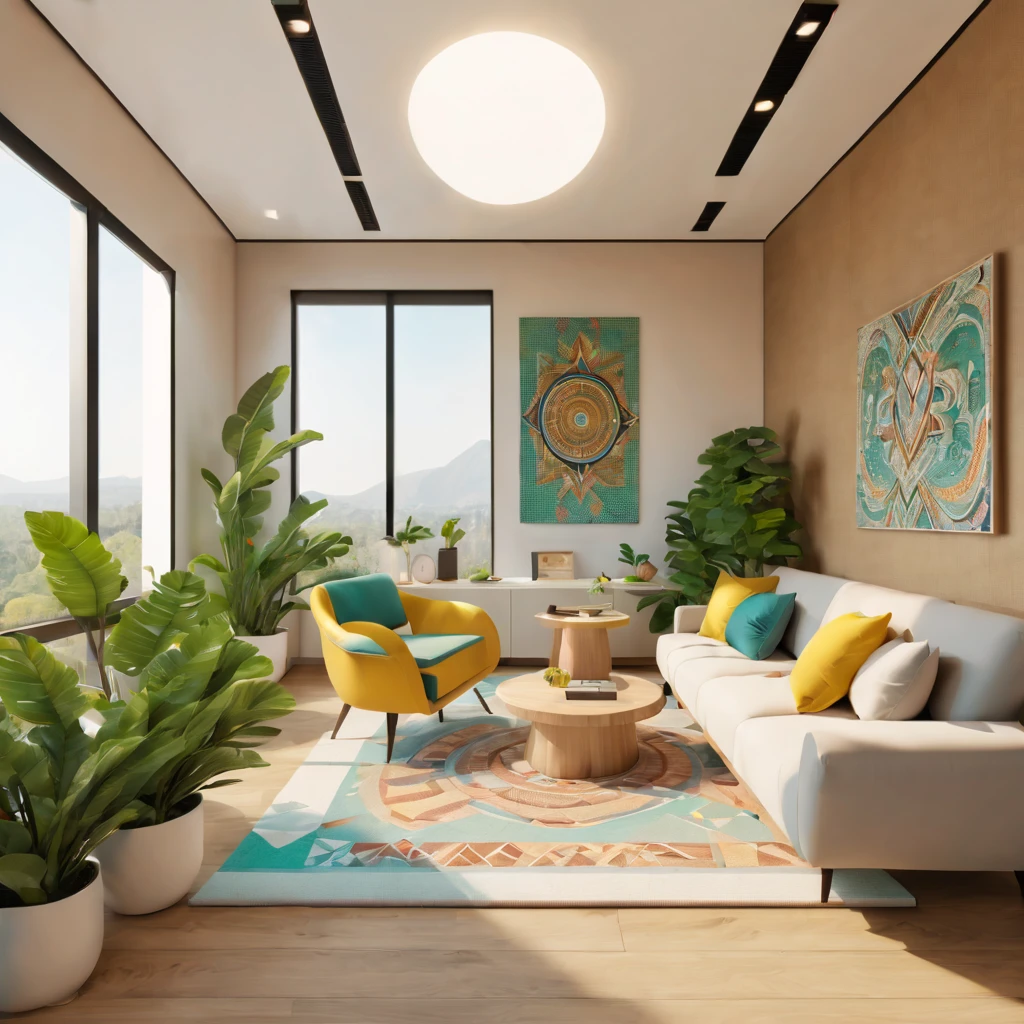 tribal style,Utopian,afofuturism,Postmodern,Lounge style office photos,Inside the room,cozy environment,Modern furniture,sofe,Stylish design,Maximalism,natural lightting,vivd colour,tribal pattern,Abstract artwork,floor to ceiling window,in a panoramic view,Ergonomic chair,clean linework,Comfortable seating,Plants and greenery,textured walls、Mosaic floor、contemporary art installation、tribal sculpture、organic shapes、Creative atmosphere、State-of-the-art technology、relaxing atmosphere、Inspirational quotes on the wall、A space full of art,tranquil ambiance。(Best quality at best,4K,8K,A high resolution,tmasterpiece:1.2),ultra - detailed,(actual,realisticlying,Photorealistic:1.37)。