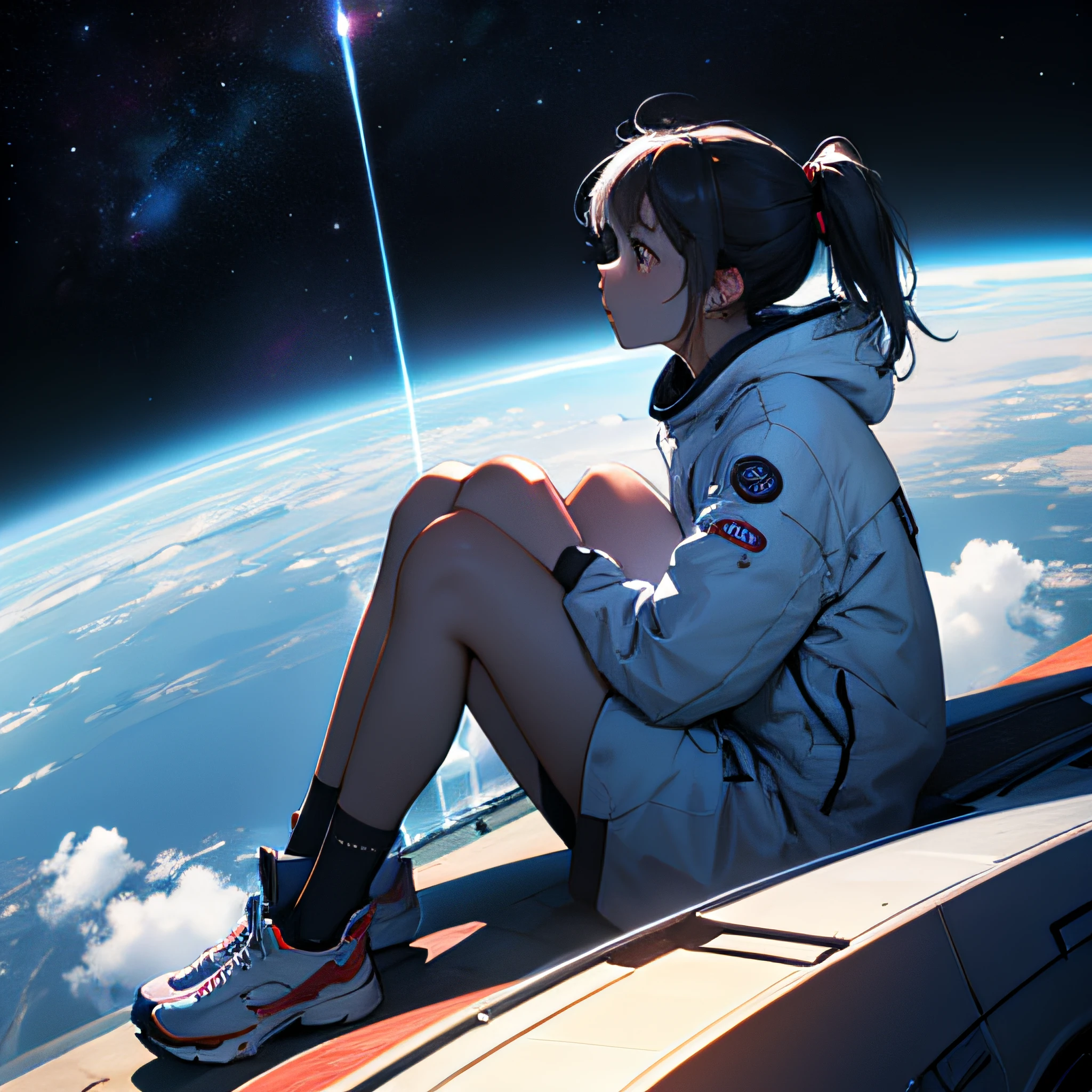 Sit with your knees。cosmic space。I look up into the distance and feel lonely。Alone。