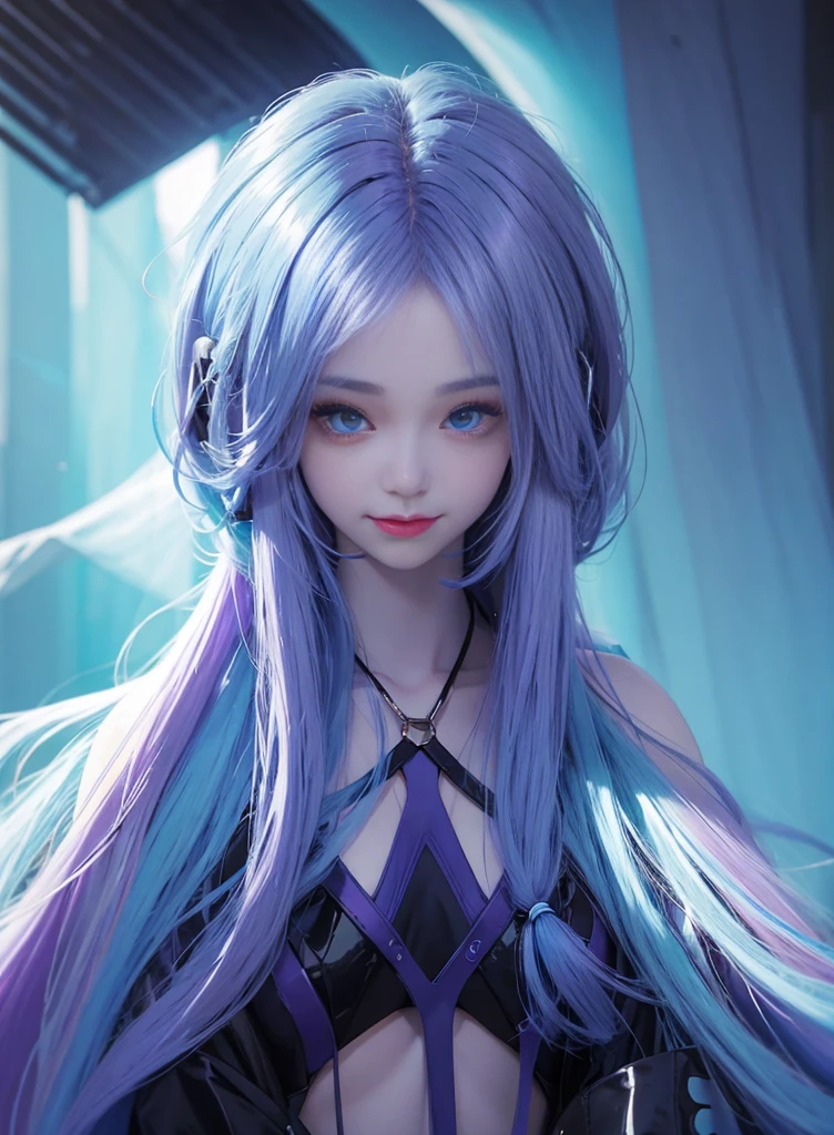 Long purple-blue hair，Nice face，Blue suspender bikini，Heterochromatic pupil，ssmile，apathy，比基尼，fully body photo，the soft light，Earphone