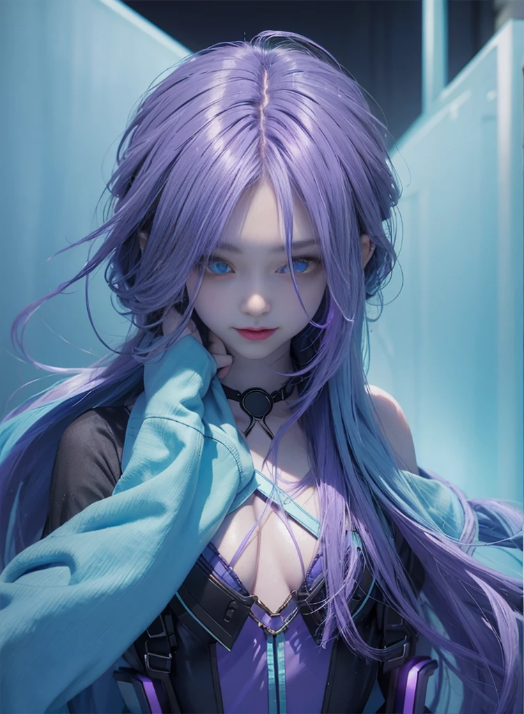 Long purple-blue hair,Nice face,Blue suspender bikini,Heterochromatic pupil,ssmile,apathy,比基尼,fully body photo,the soft light,Earphone