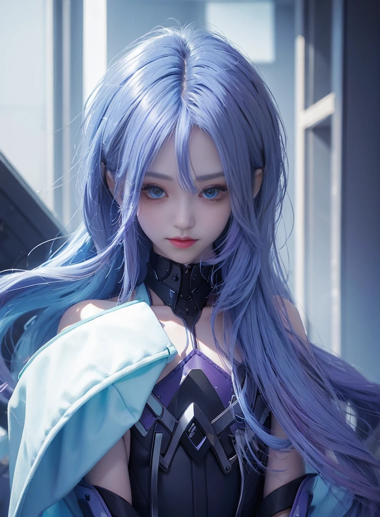 Long purple-blue hair,Nice face,Blue suspender bikini,Heterochromatic pupil,ssmile,apathy,比基尼,fully body photo,the soft light,Earphone