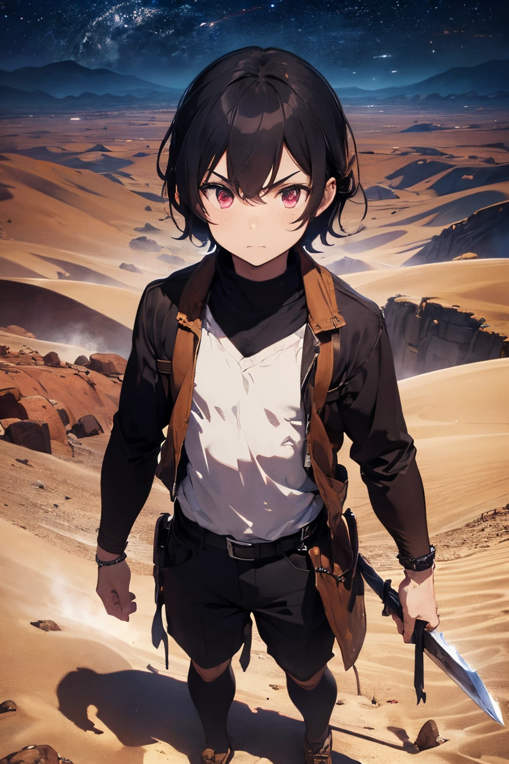 (darkfantasy:1.3), (pixel quality:1.3) man, desert, alone, sword, dust, dark fantasy