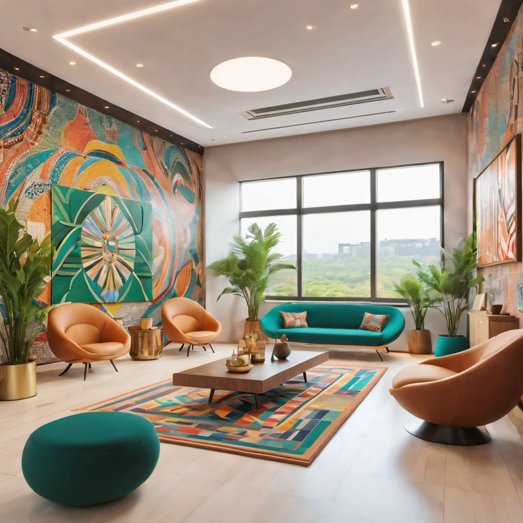 tribal style,Utopian,afofuturism,Postmodern,Spacious lounge style office photos,Inside the room,cozy environment,Modern furniture,sofe,Stylish design,Maximalism,natural lightting,vivd colour,tribal pattern,Abstract artwork,floor to ceiling window,in a panoramic view,Ergonomic chair,clean linework,Comfortable seating,Plants and greenery,textured walls、Mosaic floor、contemporary art installation、tribal sculpture、organic shapes、Creative atmosphere、State-of-the-art technology、relaxing atmosphere、Inspirational quotes on the wall、A space full of art,tranquil ambiance。(Best quality at best,4K,8K,A high resolution,tmasterpiece:1.2),ultra - detailed,(actual,realisticlying,Photorealistic:1.37)。