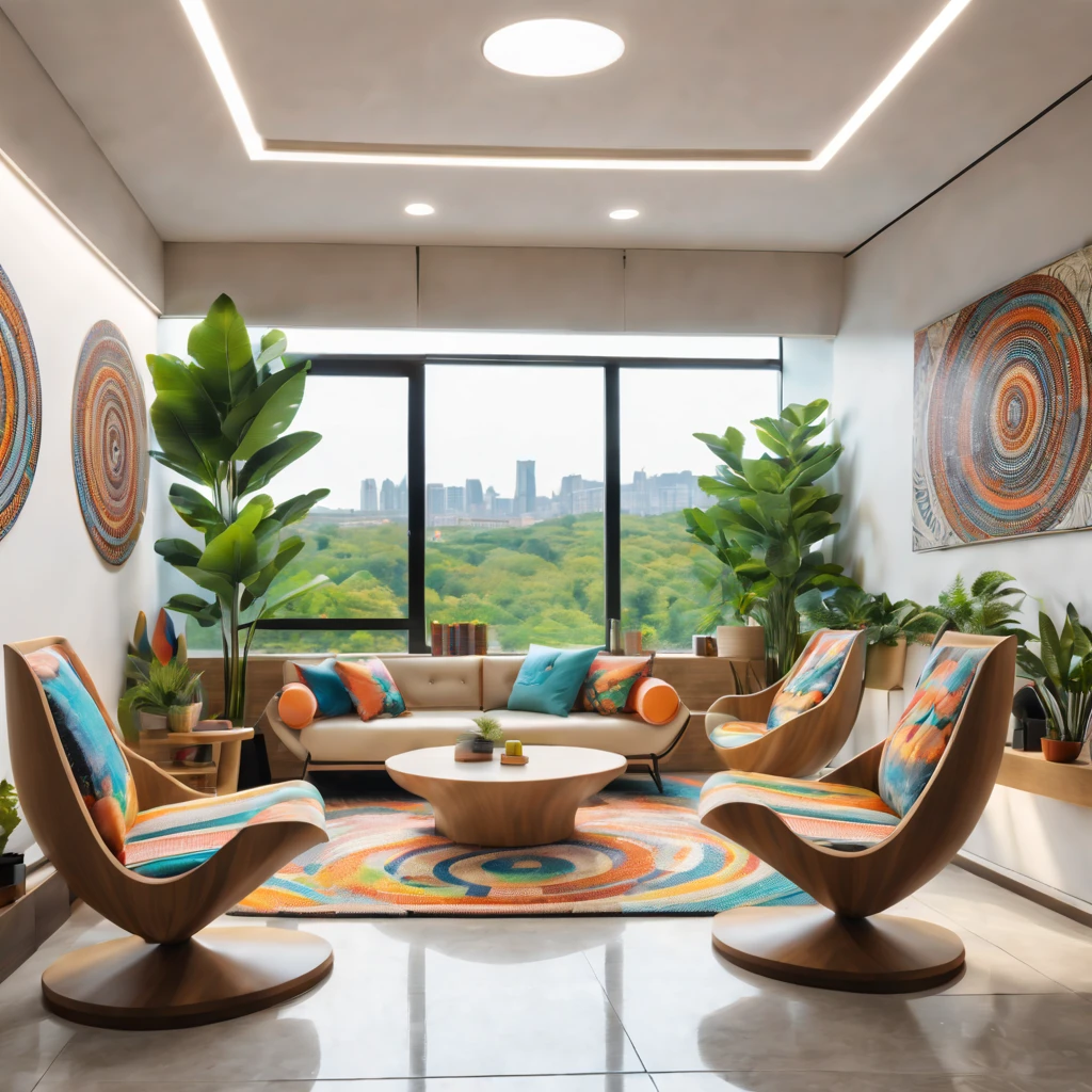 tribal style,Utopian,afofuturism,Postmodern,Spacious lounge style office photos,Inside the room,cozy environment,Modern furniture,sofe,Stylish design,Maximalism,natural lightting,vivd colour,tribal pattern,Abstract artwork,floor to ceiling window,in a panoramic view,Ergonomic chair,clean linework,Comfortable seating,Plants and greenery,textured walls、Mosaic floor、contemporary art installation、tribal sculpture、organic shapes、Creative atmosphere、State-of-the-art technology、relaxing atmosphere、Inspirational quotes on the wall、A space full of art,tranquil ambiance。(Best quality at best,4K,8K,A high resolution,tmasterpiece:1.2),ultra - detailed,(actual,realisticlying,Photorealistic:1.37)。
