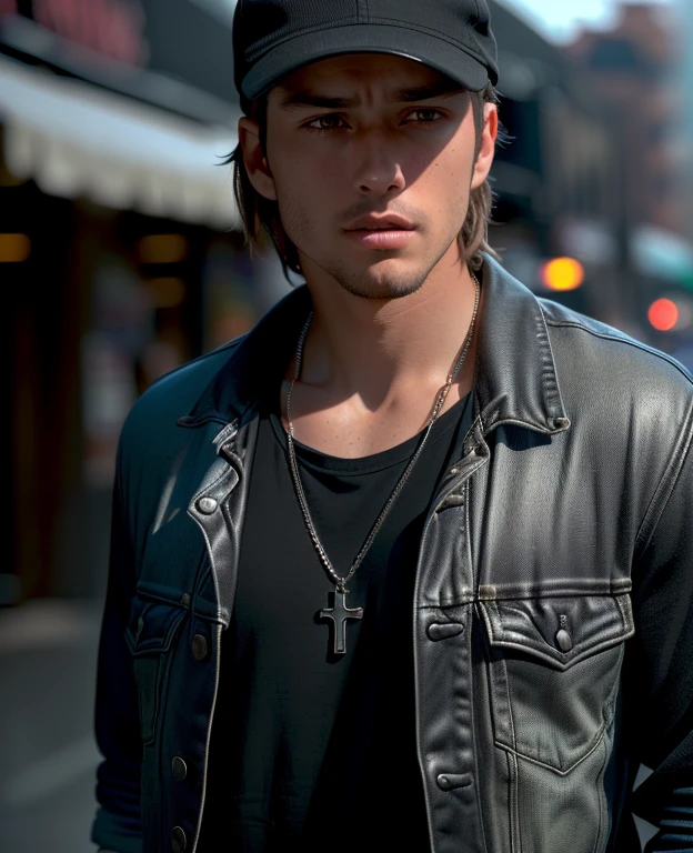 White male model standing on the street, detailed, trending on artstation, wearing a plain black shirt, black jeans with rips in knees, black trucker hat, black military boots, auburn, brown eyes, sporty body, messy hair, light long hair, two silver cuban link chain necklaces one necklace with cross pendant,20 years old, male, extreme realistic, high quality, very detailed, dramatic lighting, digital art trends on Artstation 8k HD detailed realistic, detailed, skin texture, super detailed, realistic skin texture, armature, best quality, super high res, high resolution, detailed, raw photo, sharp re, by lee jeffries nikon d850 film stock photograph 4 kodak portra 400 camera f1.6 lens rich colors hyper realistic lifelike texture dramatic lighting unrealengine trending on artstation cinestill 800, full view