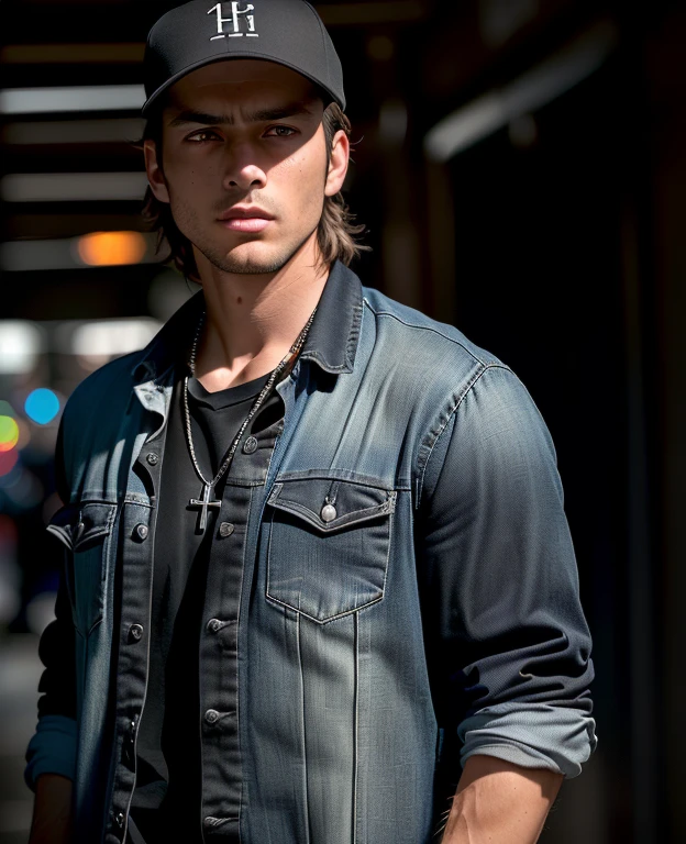 White male model standing on the street, detailed, trending on artstation, wearing a plain black shirt, black jeans with rips in knees, black trucker hat, black military boots, auburn, brown eyes, sporty body, messy hair, light long hair, two silver cuban link chain necklaces one necklace with cross pendant,20 years old, male, extreme realistic, high quality, very detailed, dramatic lighting, digital art trends on Artstation 8k HD detailed realistic, detailed, skin texture, super detailed, realistic skin texture, armature, best quality, super high res, high resolution, detailed, raw photo, sharp re, by lee jeffries nikon d850 film stock photograph 4 kodak portra 400 camera f1.6 lens rich colors hyper realistic lifelike texture dramatic lighting unrealengine trending on artstation cinestill 800, full view