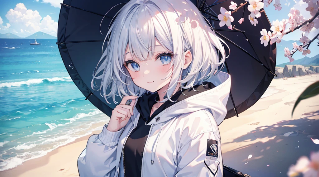 Ultra-high image quality,Look at viewers, hands behind back, girl with, 20 years old, Very short hair, long bangs between eyes, pale blue eyes, Hoodie, Skirt , Extremely detailed,(masterpiece、top-quality)、独奏、White hair、A smile、White skin as clear as snow、Fantastical, Silver hair, Black eyes, Beautiful eyes,, Ecstasy, charmed, be smitten with audience, Hoodie, White hoodie,a black skirt,Hair is short,look down from above,(masutepiece, Best Quality:1.1),独奏, 1girll, Curve,White jacket, Casual style,Open jacket, Cowboy Shot、独奏、Fluttering hair、a small face、hason、Bright smile、(parka、White sneakers)、(Fine fingers、Human hand)、(Detailed face) 、(top-quality: 1.4、tmasterpiece、 hyper HD、 Top resolution,、Very detailed、 profetional lighting、 Gray Light Lighting、Sea view,Cherry blossom background,fantastic landscape,Blue sky, Sunlight,