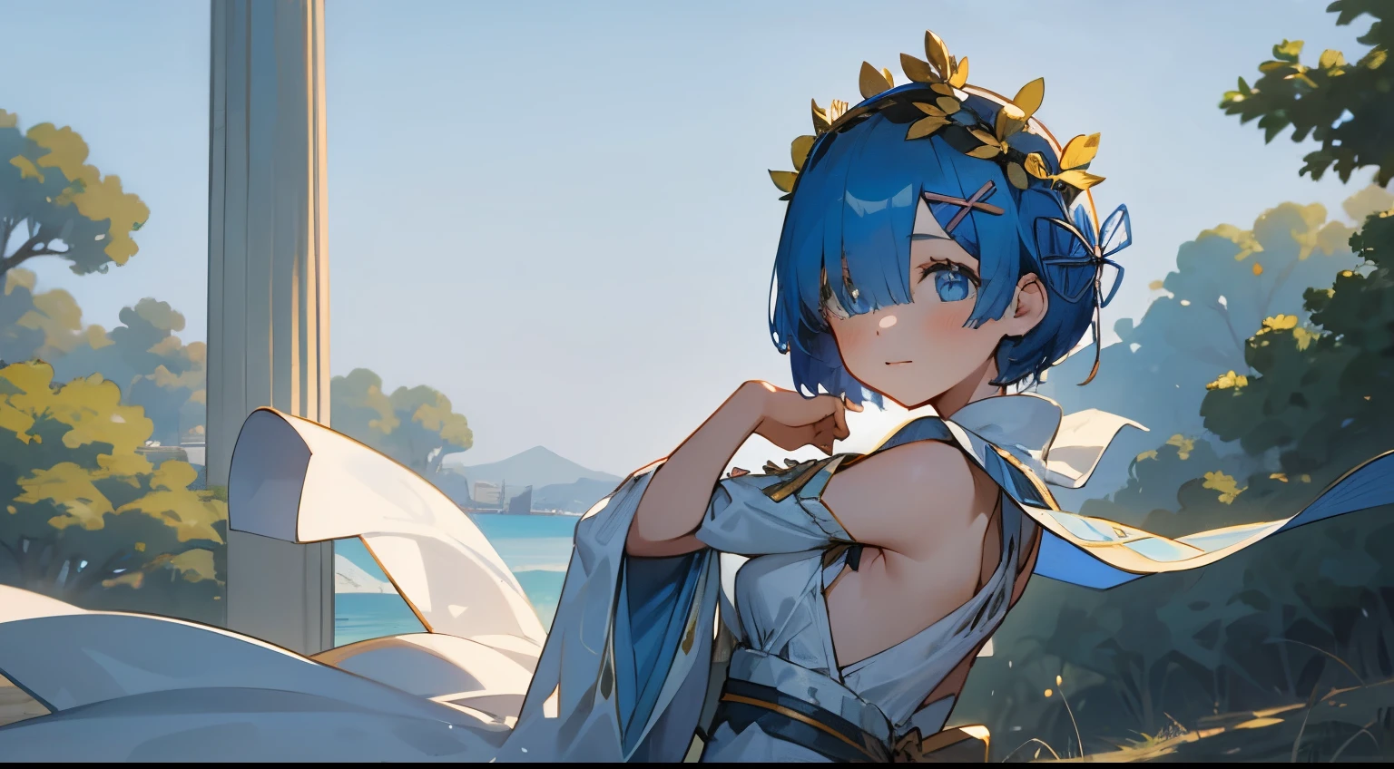 1girl, rem_re_zero, Rem, traditional greek dress, extremely beautiful, ancient greek clothing, ancient greek fashion, golden laurel crown, blue hair, short hair, blue eyes, beautiful aegean island in background, mediterranean setting, greek aesthetic, masterpiece, best quality, extremely detailed