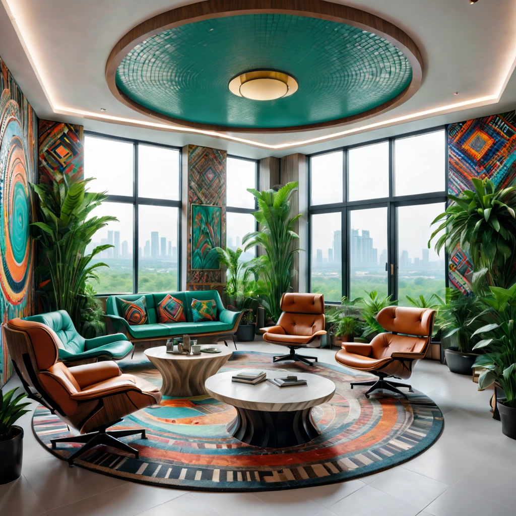 tribal style，Utopian，afofuturism，Postmodern，Spacious lounge style office photos，Inside the room，cozy environment，Modern furniture，sofe，Stylish design，Maximalism，natural  lightting，vivd colour，tribal pattern，Abstract artwork，floor to ceiling window，in a panoramic view，Ergonomic chair，clean linework，Comfortable seating，Plants and greenery，textured walls、Mosaic floor、contemporary art installation、tribal sculpture、organic shapes、Creative atmosphere、State-of-the-art technology、relaxing atmosphere、Inspirational quotes on the wall、A space full of art，tranquil ambiance。(Best quality at best,4K,8K,A high resolution,tmasterpiece:1.2),ultra - detailed,(actual,realisticlying,Photorealistic:1.37)。