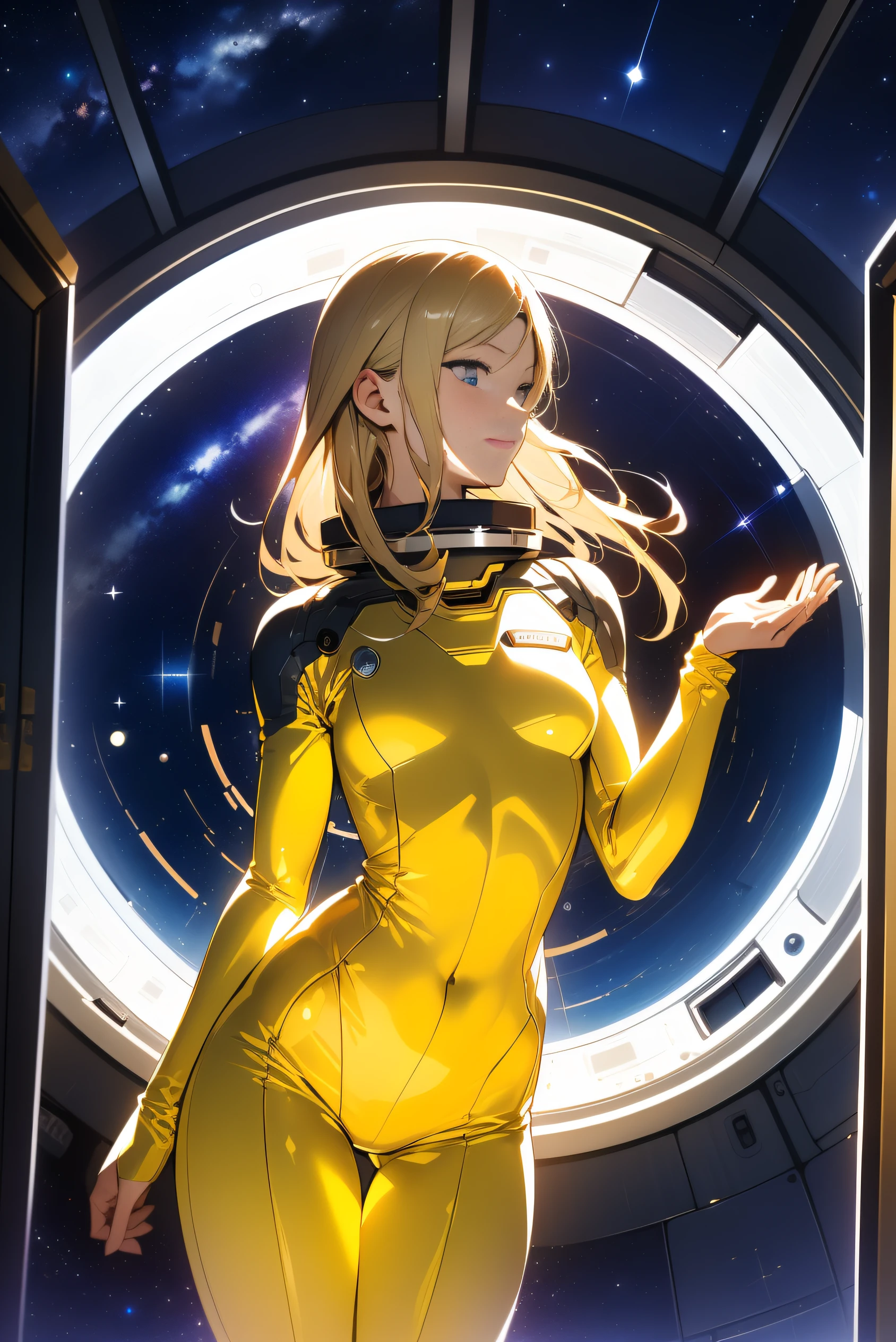 (masterpiece, best quality:1.2), (cowboy shot:1.1), solo, 1girl, mori yuki, slight smile, closed mouth, side view, looking at viewer, blonde hair, long hair, thigh gap, yellow bodysuit, skin-tight, perfect body, large window, (starship porthole:1.3), (spread legs:1.3), (standing:1.1), thigh gap, sensual pose, sideview, perfect hands, bright starship interior, (outer space view:1.1), (orbital view:1.3), (night, stary sky:1.5), milky way