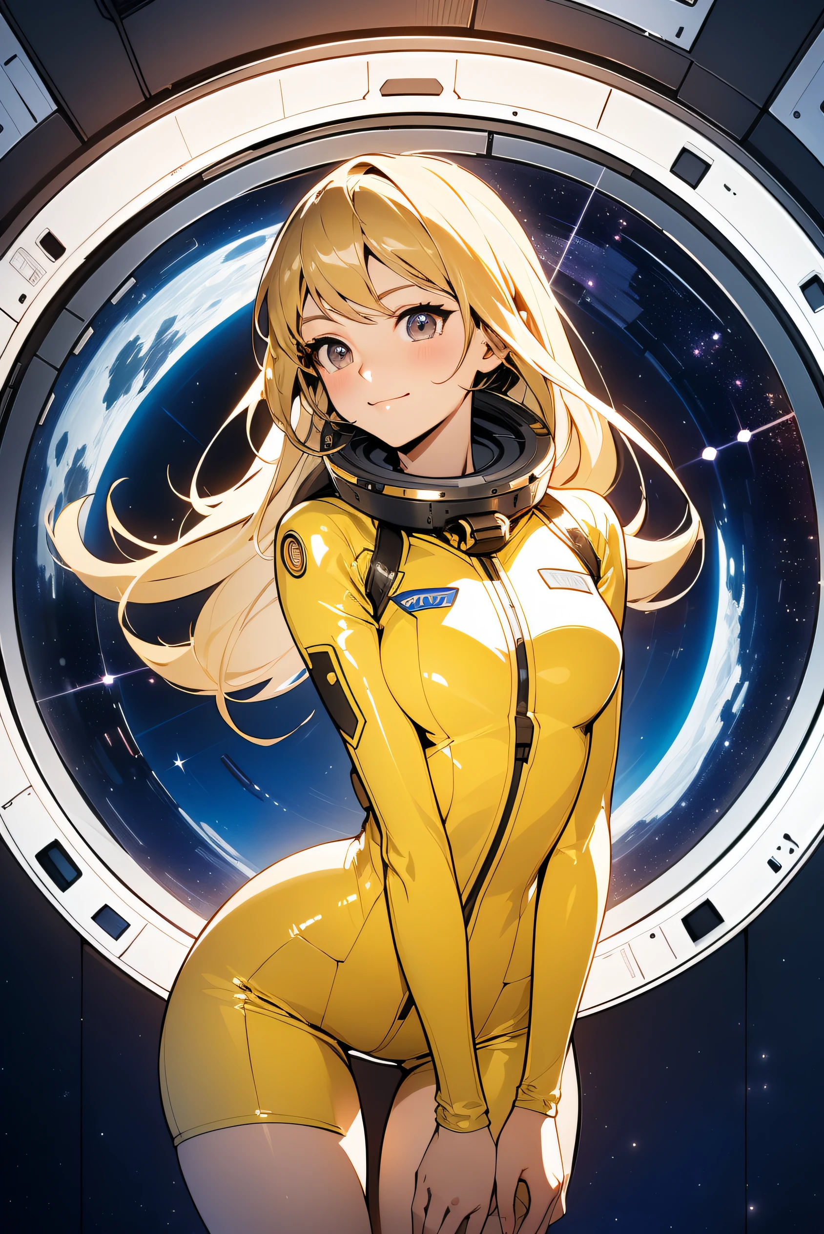 (masterpiece, best quality:1.2), (cowboy shot:1.1), solo, 1girl, mori yuki, slight smile, closed mouth, side view, looking at viewer, blonde hair, long hair, thigh gap, yellow bodysuit, skin-tight, perfect body, large window, (starship porthole:1.3), (spread legs:1.3), (standing:1.1), thigh gap, sensual pose, sideview, perfect hands, bright starship interior, (outer space view:1.1), (orbital view:1.3), (night, stary sky:1.5), milky way