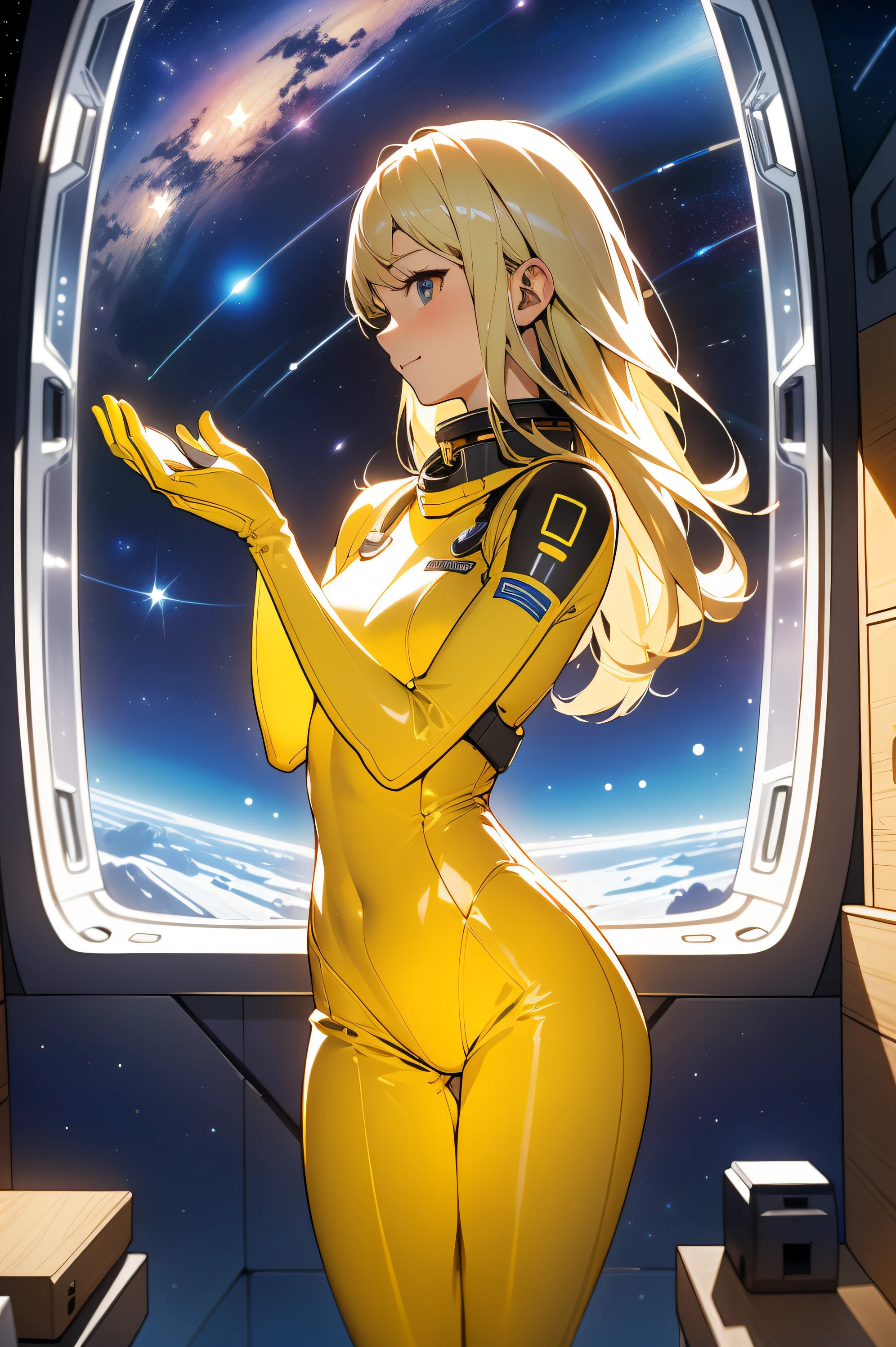 (masterpiece, best quality:1.2), (cowboy shot:1.1), solo, 1girl, mori yuki, slight smile, closed mouth, side view, looking at viewer, blonde hair, long hair, thigh gap, yellow bodysuit, skin-tight, perfect body, large window, (starship porthole:1.3), (spread legs:1.3), (standing:1.1), thigh gap, sensual pose, sideview, perfect hands, bright starship interior, (outer space view:1.1), (orbital view:1.3), (night, stary sky:1.5), milky way