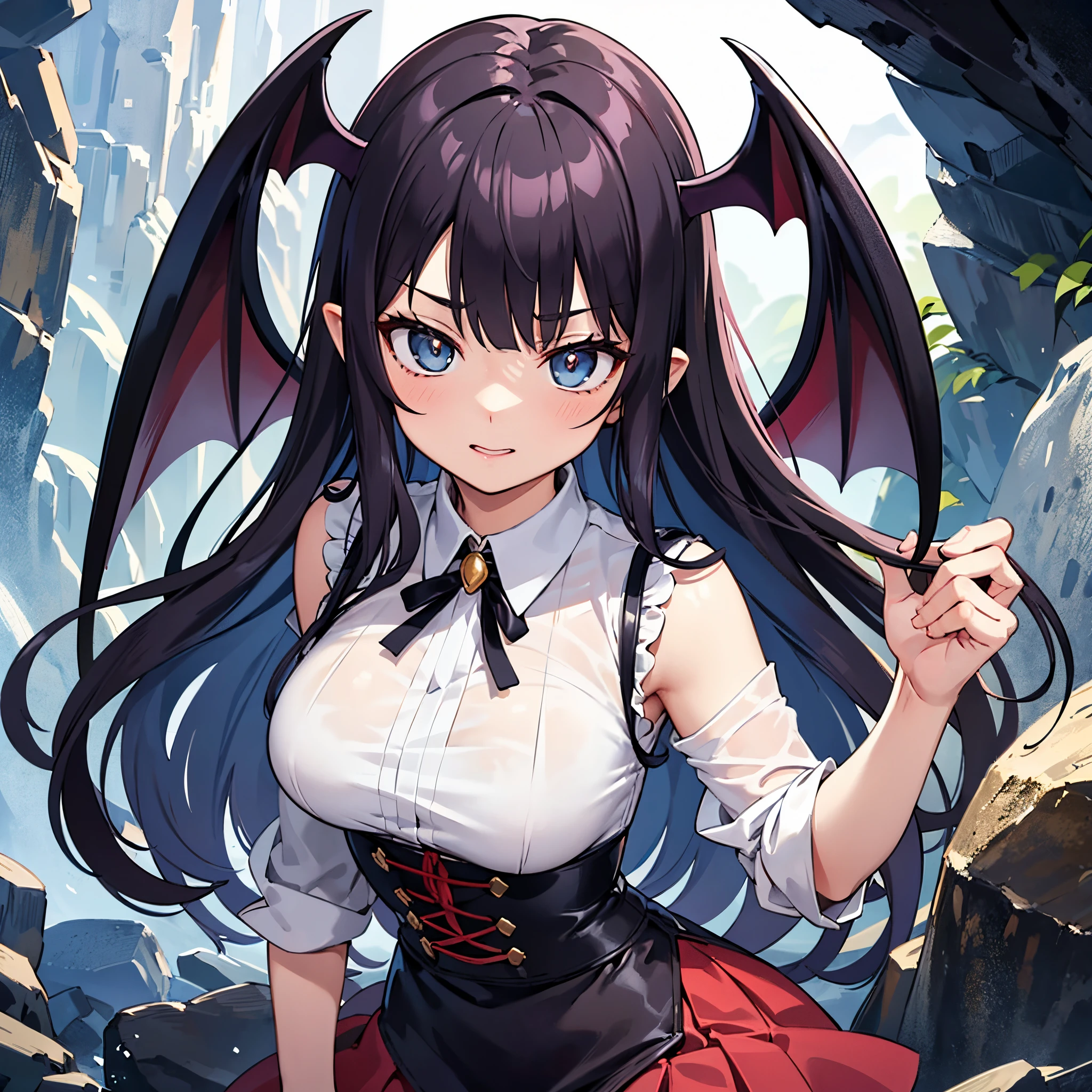 Masterpiece, Best Quality, high resolucion, focusing, Anime style, Close-up of a female cartoon, Girl design, anime image, Long hair, look hair, Hair covering the ears, Stylish and powerful appearance, exotic, cheerful, High-end clothing, colourfull, Colors, in a dark cave, Monster bat girl wearing a skirt, Dark hair color