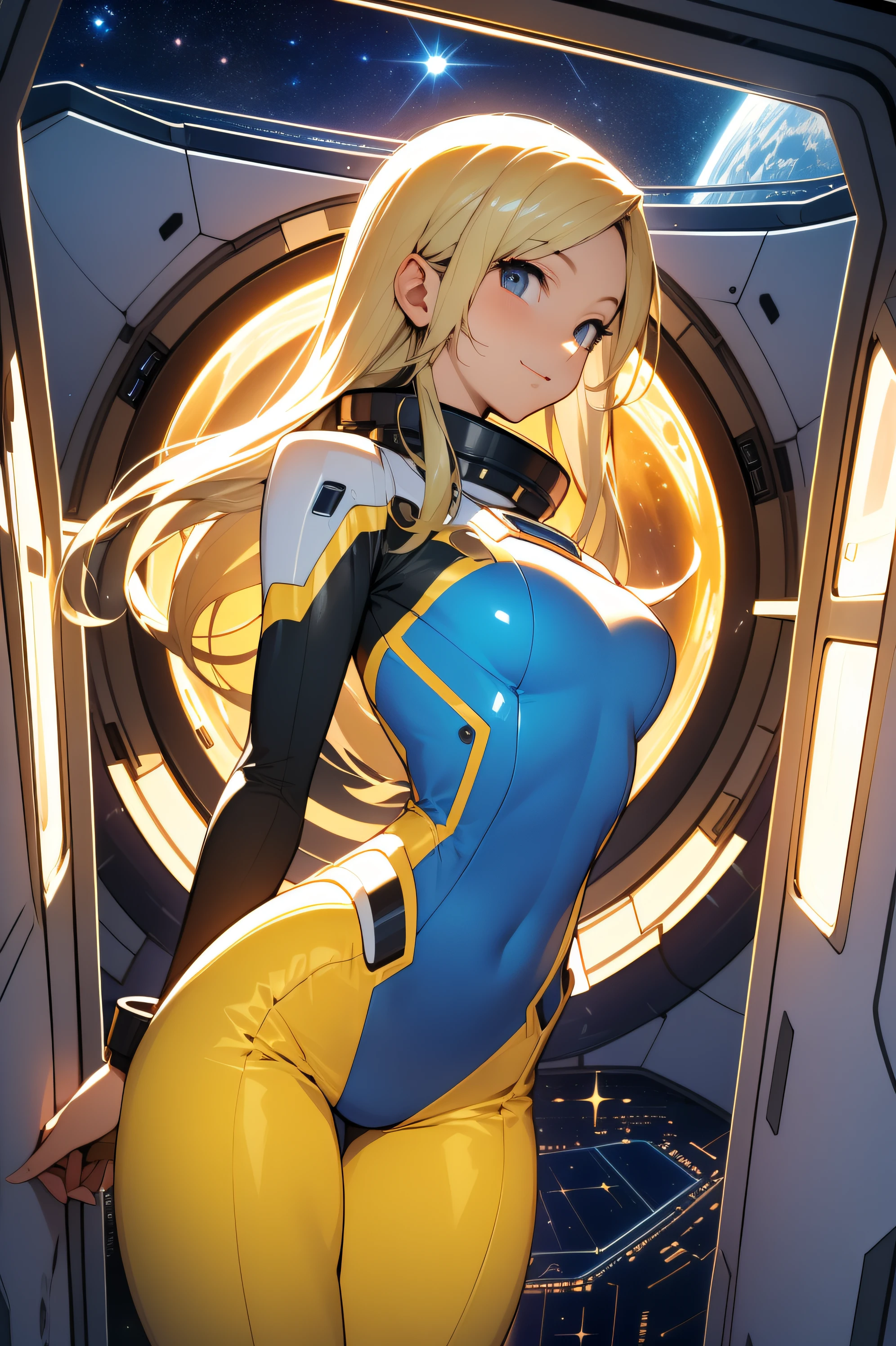 (masterpiece, best quality:1.2), (cowboy shot:1.1), solo, 1girl, mori yuki, slight smile, closed mouth, side view, looking at viewer, blonde hair, long hair, thigh gap, yellow bodysuit, skin-tight, perfect body, large window, (starship porthole:1.3), (spread legs:1.3), (standing:1.1), thigh gap, sensual pose, sideview, perfect hands, bright starship interior, (outer space view:1.1), (orbital view:1.3), (night, stary sky:1.5), milky way