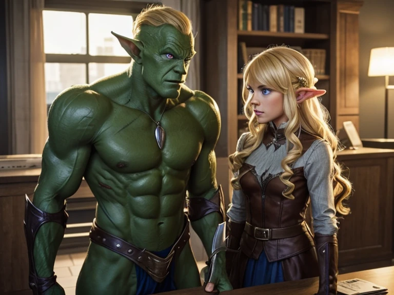 1 blonde elf with blue eyes, long curly hair BREAK 1 man, Green Goblin BREAK Girl talking to goblin in the office.