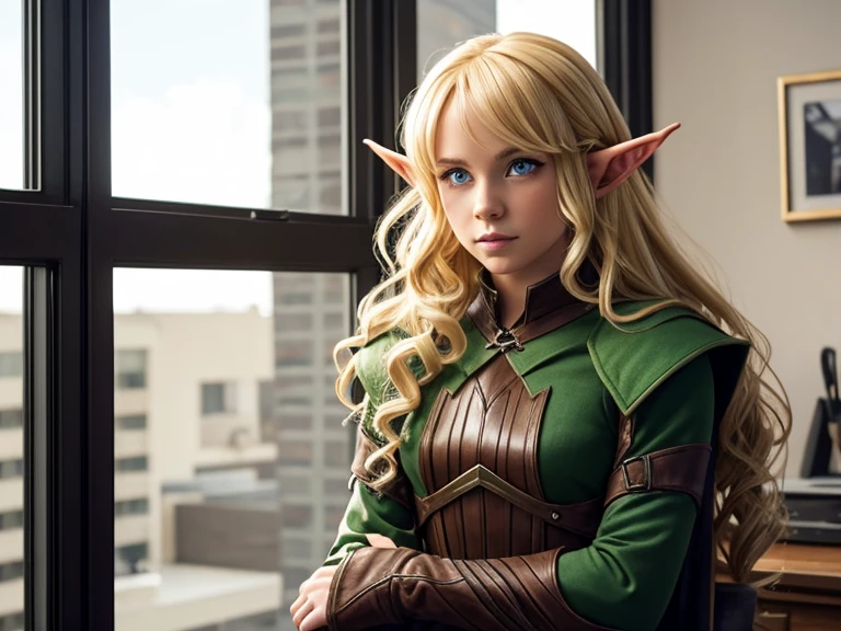 1 blonde elf with blue eyes, long curly hair BREAK 1 man, Green Goblin BREAK Girl talking to goblin in the office.