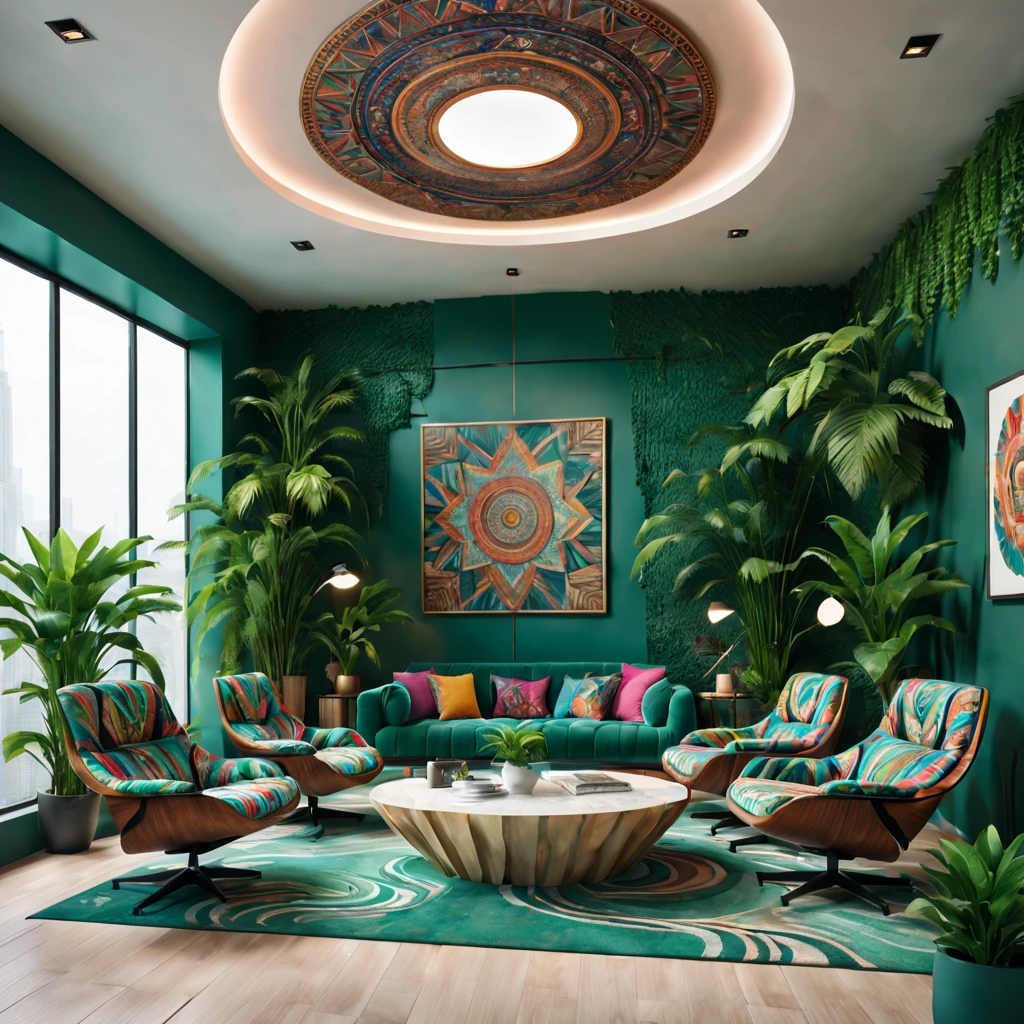 tribal style,Utopian,afofuturism,Postmodern,Spacious lounge style office photos,Inside the room,cozy environment,Modern furniture,sofe,Stylish design,Maximalism,natural lightting,vivd colour,tribal pattern,Abstract artwork,floor to ceiling window,in a panoramic view,Ergonomic chair,clean linework,Comfortable seating,Plants and greenery,textured walls、Mosaic floor、contemporary art installation、tribal sculpture、organic shapes、Creative atmosphere、State-of-the-art technology、relaxing atmosphere、Inspirational quotes on the wall、A space full of art,tranquil ambiance。(Best quality at best,4K,8K,A high resolution,tmasterpiece:1.2),ultra - detailed,(actual,realisticlying,Photorealistic:1.37)。