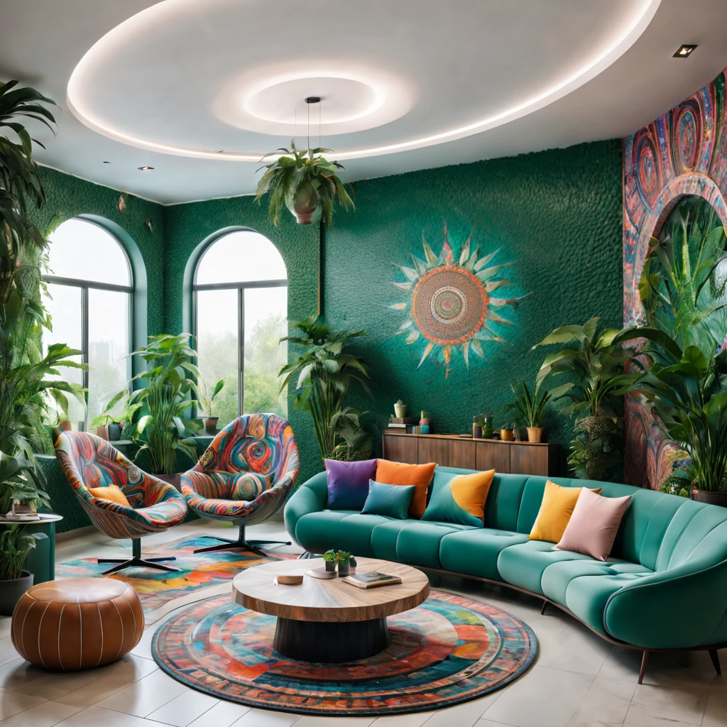 tribal style,Utopian,afofuturism,Postmodern,Spacious lounge style office photos,Inside the room,cozy environment,Modern furniture,sofe,Stylish design,Maximalism,natural lightting,vivd colour,tribal pattern,Abstract artwork,floor to ceiling window,in a panoramic view,Ergonomic chair,clean linework,Comfortable seating,Plants and greenery,textured walls、Mosaic floor、contemporary art installation、tribal sculpture、organic shapes、Creative atmosphere、State-of-the-art technology、relaxing atmosphere、Inspirational quotes on the wall、A space full of art,tranquil ambiance。(Best quality at best,4K,8K,A high resolution,tmasterpiece:1.2),ultra - detailed,(actual,realisticlying,Photorealistic:1.37)。