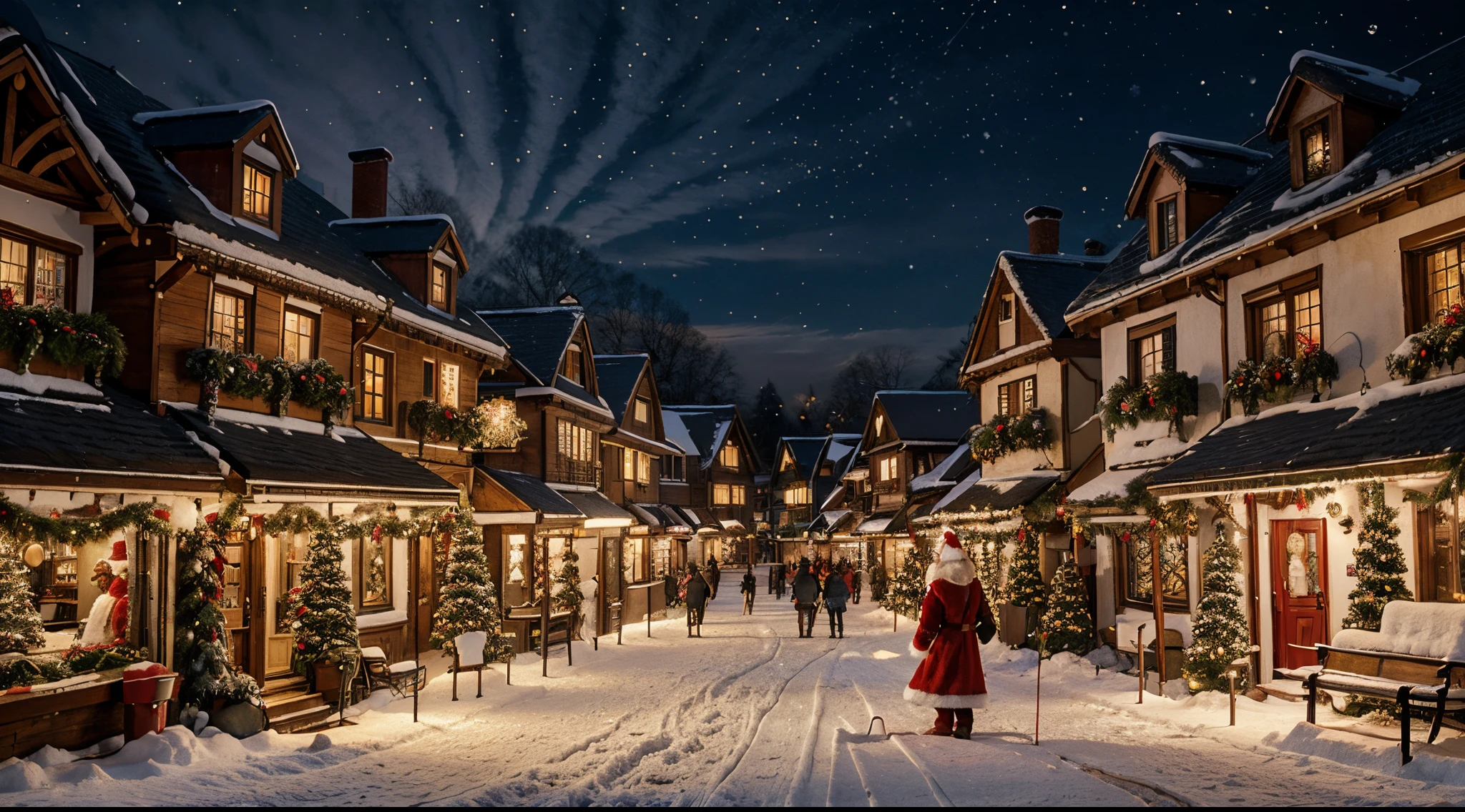 Christmas village, Santa Claus flying over the village, snowy winter night, Santa's workshop, traditional art, very high resolution
