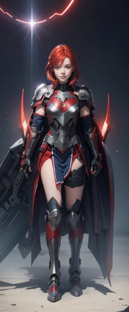 Red hair,Nice face,blue military armor,Heterochromatic pupil,ssmile,rays of sunshine,fully body photo,the soft light,Stood up,Full body lesbian,High Picture Quality,16K quality