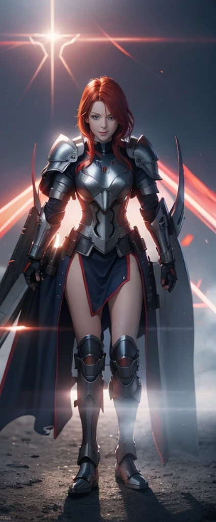 Red hair,Nice face,blue military armor,Heterochromatic pupil,ssmile,rays of sunshine,fully body photo,the soft light,Stood up,Full body lesbian,High Picture Quality,16K quality