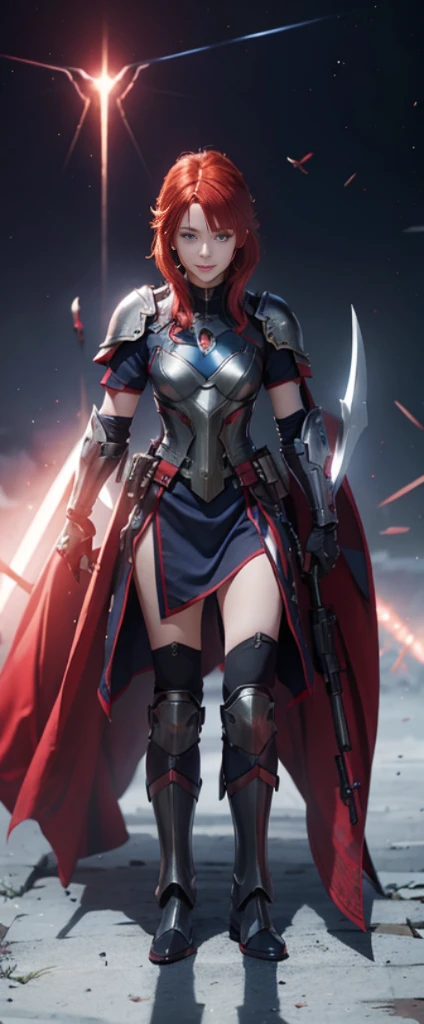 Red hair,Nice face,blue military armor,Heterochromatic pupil,ssmile,rays of sunshine,fully body photo,the soft light,Stood up,Full body lesbian,High Picture Quality,16K quality