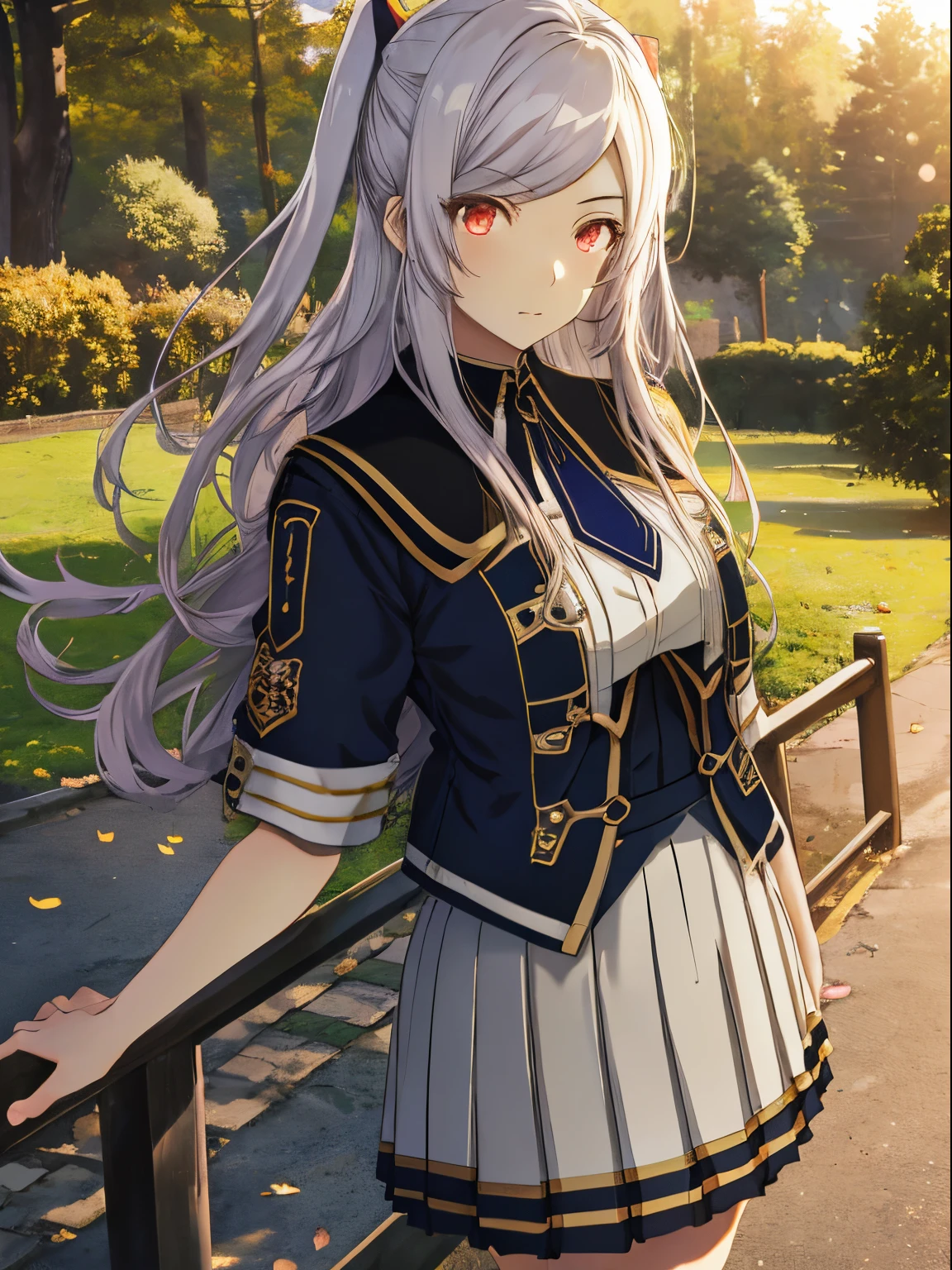 masutepiece, Best Quality, hight resolution, 1 Girl hair ornaments, tie, White skirt, uniform, White thighs, Standing,dusk in the park、length hair、small tits,Long skirt, The stage is a park,3D images、Highly detailed CG Unity 8k wallpaper, [3D images:1.15],Attractive eyes、校服、absolute reference to center、Shooting from front、Alexia Midgar