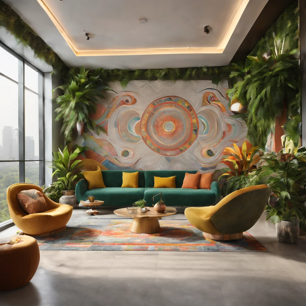 tribal style,Utopian,afofuturism,Postmodern,Spacious lounge style office photos,Inside the room,cozy environment,Modern furniture,sofe,Stylish design,Maximalism,natural lightting,vivd colour,tribal pattern,Abstract artwork,floor to ceiling window,in a panoramic view,Ergonomic chair,clean linework,Comfortable seating,Plants and greenery,textured walls、Mosaic floor、contemporary art installation、tribal sculpture、organic shapes、Creative atmosphere、State-of-the-art technology、relaxing atmosphere、Inspirational quotes on the wall、A space full of art,tranquil ambiance。(Best quality at best,4K,8K,A high resolution,tmasterpiece:1.2),ultra - detailed,(actual,realisticlying,Photorealistic:1.37)。