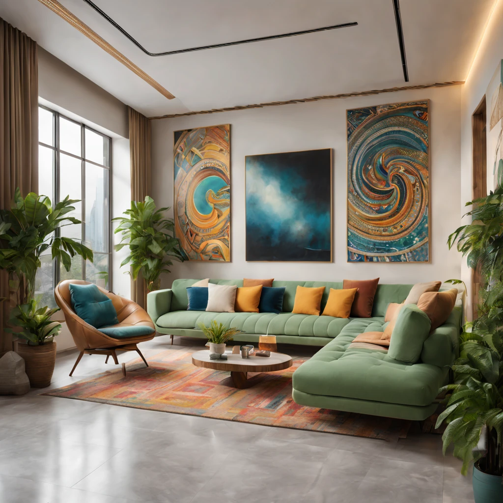 tribal style,Utopian,afofuturism,Postmodern,Spacious lounge style office photos,Inside the room,cozy environment,Modern furniture,sofe,Stylish design,Maximalism,natural lightting,vivd colour,tribal pattern,Abstract artwork,floor to ceiling window,in a panoramic view,Ergonomic chair,clean linework,Comfortable seating,Plants and greenery,textured walls、Mosaic floor、contemporary art installation、tribal sculpture、organic shapes、Creative atmosphere、State-of-the-art technology、relaxing atmosphere、Inspirational quotes on the wall、A space full of art,tranquil ambiance。(Best quality at best,4K,8K,A high resolution,tmasterpiece:1.2),ultra - detailed,(actual,realisticlying,Photorealistic:1.37)。