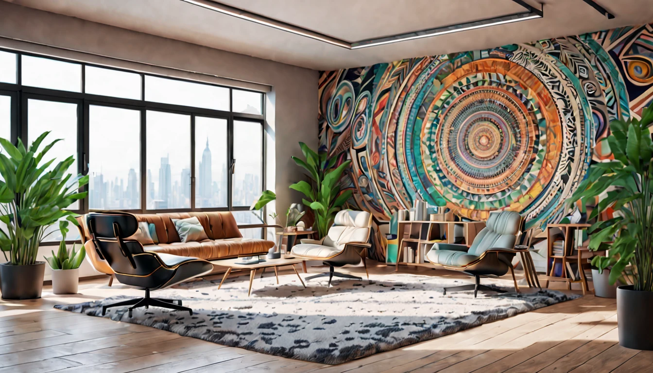 tribal style,Utopian,afofuturism,Postmodern,Spacious lounge style office photos,Inside the room,cozy environment,Modern furniture,sofe,Stylish design,Maximalism,natural lightting,vivd colour,tribal pattern,Abstract artwork,floor to ceiling window,in a panoramic view,Ergonomic chair,clean linework,Comfortable seating,Plants and greenery,textured walls、Mosaic floor、contemporary art installation、tribal sculpture、organic shapes、Creative atmosphere、State-of-the-art technology、relaxing atmosphere、Inspirational quotes on the wall、A space full of art,tranquil ambiance。(Best quality at best,4K,8K,A high resolution,tmasterpiece:1.2),ultra - detailed,(actual,realisticlying,Photorealistic:1.37)。
