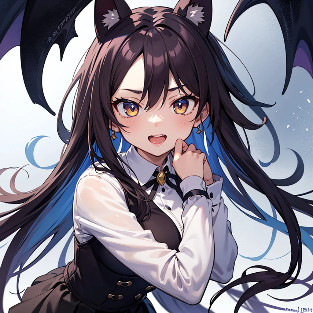 Masterpiece, Best Quality, high resolucion, focusing, Anime style, Close-up of a female cartoon, Girl design, anime image, Long hair, look hair, Hair covering the ears, Stylish and powerful appearance, exotic, cheerful, High-end clothing, Dark color, in a dark cave, Monster bat girl wearing a skirt, Dark hair color