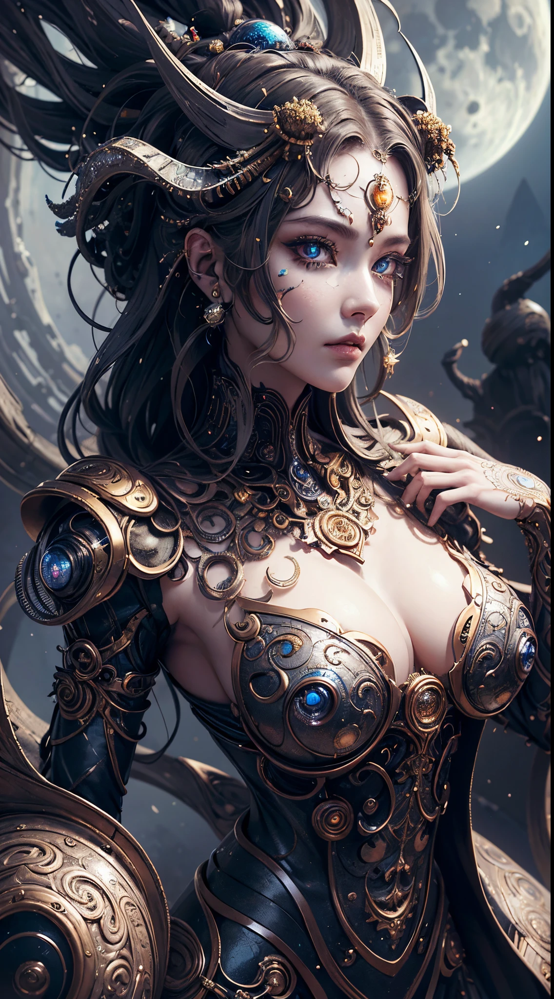 (best qualtiy,ultra - detailed,best best illustration,The best shadow,tmasterpiece,hight resolution,professionalartwork,famousartwork),A detailed eye,beautidful eyes,Close-up cleavage,sci-fy,colored sclera,Robotic eyes,face markings,Tattoos,(fractalized,Fractal Eye),largeeyes,largeeyes,(Eye focus),surface focus,the eye of the universe,Spaceeye,Close up of metal sculpture of woman with moon in hair,Welcoming。extremely high detail,3D Goddess Portrait,Goddess is very knowledgeable,a stunning portrait of a goddess,goddess profile avatar,portrait of a beautiful goddess,Goddess full body close-up,goddess hecate,portrait of a norse moon goddess,goddess of space and time