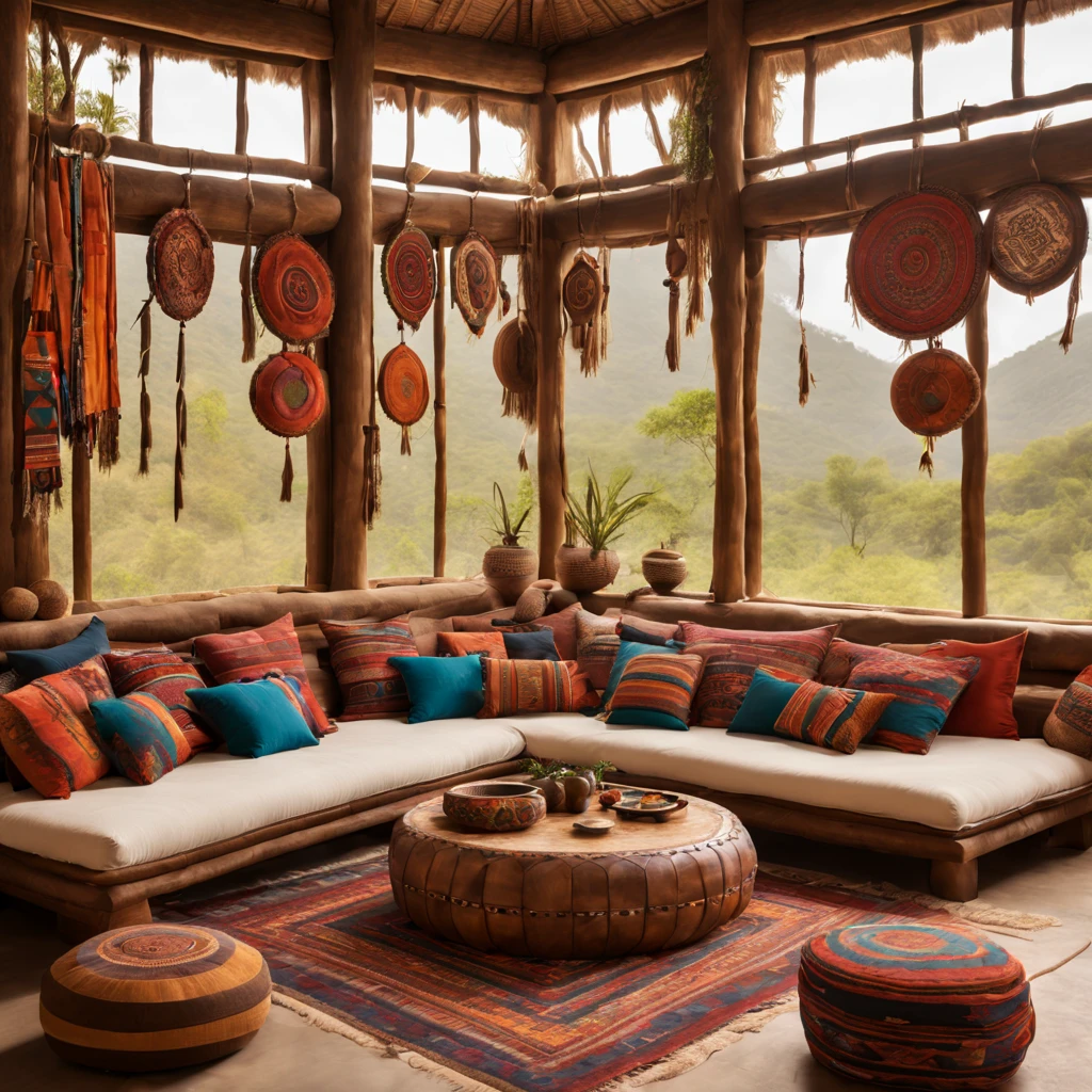 a spacious tribal-style lounge, tribal decorations, cozy seating area, vibrant color scheme, intricate patterns, natural materials, ethnic-inspired textiles, wooden furniture, soft ambient lighting, tribal artifacts, comfortable cushions, large windows overlooking nature, tribal music playing, inviting atmosphere