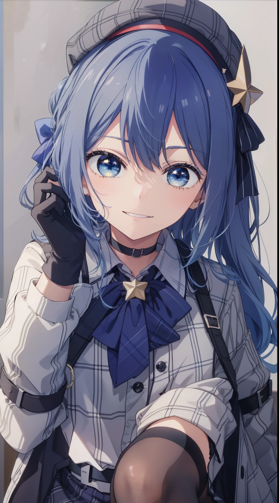 Hoshimachisuisei, Suiseihoma, Blue eyes, Blue hair, Choker, hair between eye, Medium Hair, Side Ponytail, star choker,
Blake Ascot, Asymmetrical legwear, Belt bag, beret, Black Gloves, Blue Ascot, Blue belt, blue bow, Blue choker, Bow, buttoning, Choker, Collared shirt, diadems, gloves, Gray hat, Grey jacket, grey skirt, hat, Jacket, Jewelry, knee high, Long sleeves, Miniskirt, mismatched legwear, partially fingerless gloves, Pendants, Plaid, Plaid jacket, plaid skirts, Shirt, single kneehigh, single sock, Skirt, skirt set, sox, star choker, star print, Thigh strap, Uneven legwear, White shirt,(((anime styled)))、(((2D)))、A smile、Open your mouth、8K、Shining eyes