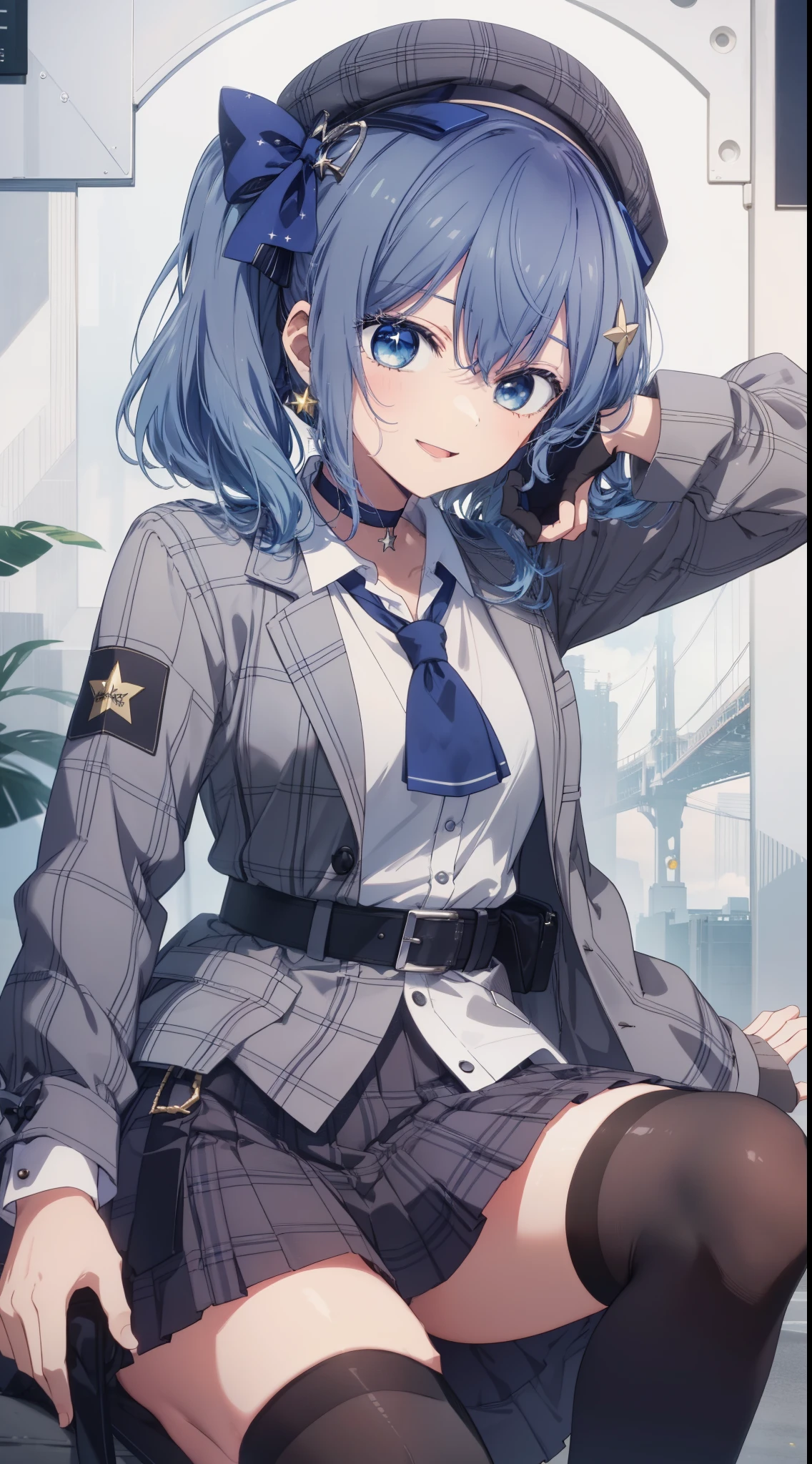 Hoshimachisuisei, Suiseihoma, Blue eyes, Blue hair, Choker, hair between eye, Medium Hair, Side Ponytail, star choker,
Blake Ascot, Asymmetrical legwear, Belt bag, beret, Black Gloves, Blue Ascot, Blue belt, blue bow, Blue choker, Bow, buttoning, Choker, Collared shirt, diadems, gloves, Gray hat, Grey jacket, grey skirt, hat, Jacket, Jewelry, knee high, Long sleeves, Miniskirt, mismatched legwear, partially fingerless gloves, Pendants, Plaid, Plaid jacket, plaid skirts, Shirt, single kneehigh, single sock, Skirt, skirt set, sox, star choker, star print, Thigh strap, Uneven legwear, White shirt,(((anime styled)))、(((2D)))、A smile、Open your mouth、8K、Shining eyes