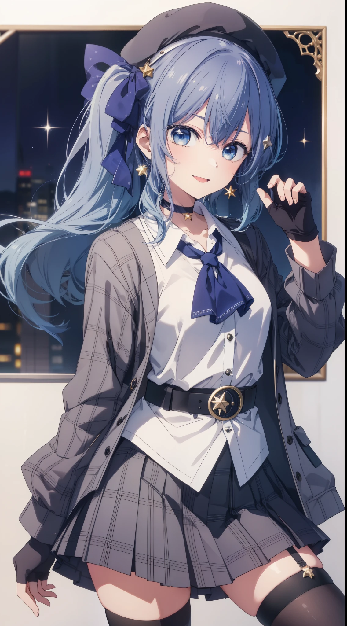 Hoshimachisuisei, Suiseihoma, Blue eyes, Blue hair, Choker, hair between eye, Medium Hair, Side Ponytail, star choker,
Blake Ascot, Asymmetrical legwear, Belt bag, beret, Black Gloves, Blue Ascot, Blue belt, blue bow, Blue choker, Bow, buttoning, Choker, Collared shirt, diadems, gloves, Gray hat, Grey jacket, grey skirt, hat, Jacket, Jewelry, knee high, Long sleeves, Miniskirt, mismatched legwear, partially fingerless gloves, Pendants, Plaid, Plaid jacket, plaid skirts, Shirt, single kneehigh, single sock, Skirt, skirt set, sox, star choker, star print, Thigh strap, Uneven legwear, White shirt,(((anime styled)))、(((2D)))、A smile、Open your mouth、8K、Shining eyes