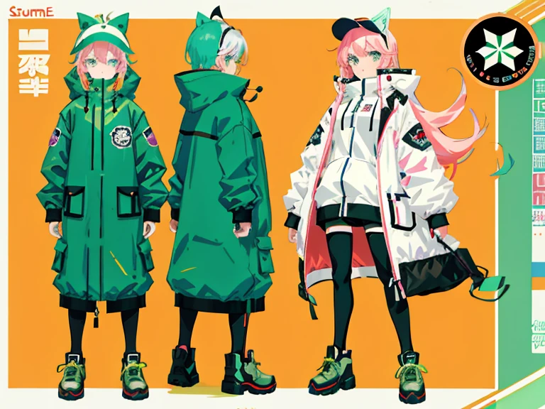 supreme， green down jacket，lime color hair，pink eyes，Standing on your feet，submachine gun，Chinese girl design，Detailed Genshin graphics，anime character design，anime concept art，pretty anime character design，anime character reference sheet，[Character design]，Character Sheets, Three types，Shot Full Body，Game Character Design，than a small flying moon，Girl in sunglasses and beans，Victorizo ∨TSE∨，Orange background,Stylistic expression, Character Sheets, Three types，Shot Full Body，Game Character Design，Victorizo ∨TSE∨,Stylistic expression, pastel colors, green, Toxic Green, absurdress, Full of Details,2 d anime style, anime moe art style, Jazz & Increased, cute art style, Anime-style illustration, pixiv style, pixiv, in anime style, anime art style, Full Body Commission, neon colors, neon green, The same character, absurdress,traditional Chinese clothing,Full of Details, ((Character design sheet,same character,front,side,backboob)),illustartion, big weapon, Cyborg, baggy clothes, bright pink, long pink hair, baggy clothes ， Snowman padded jacket，anime character reference sheet，[character design]，full height